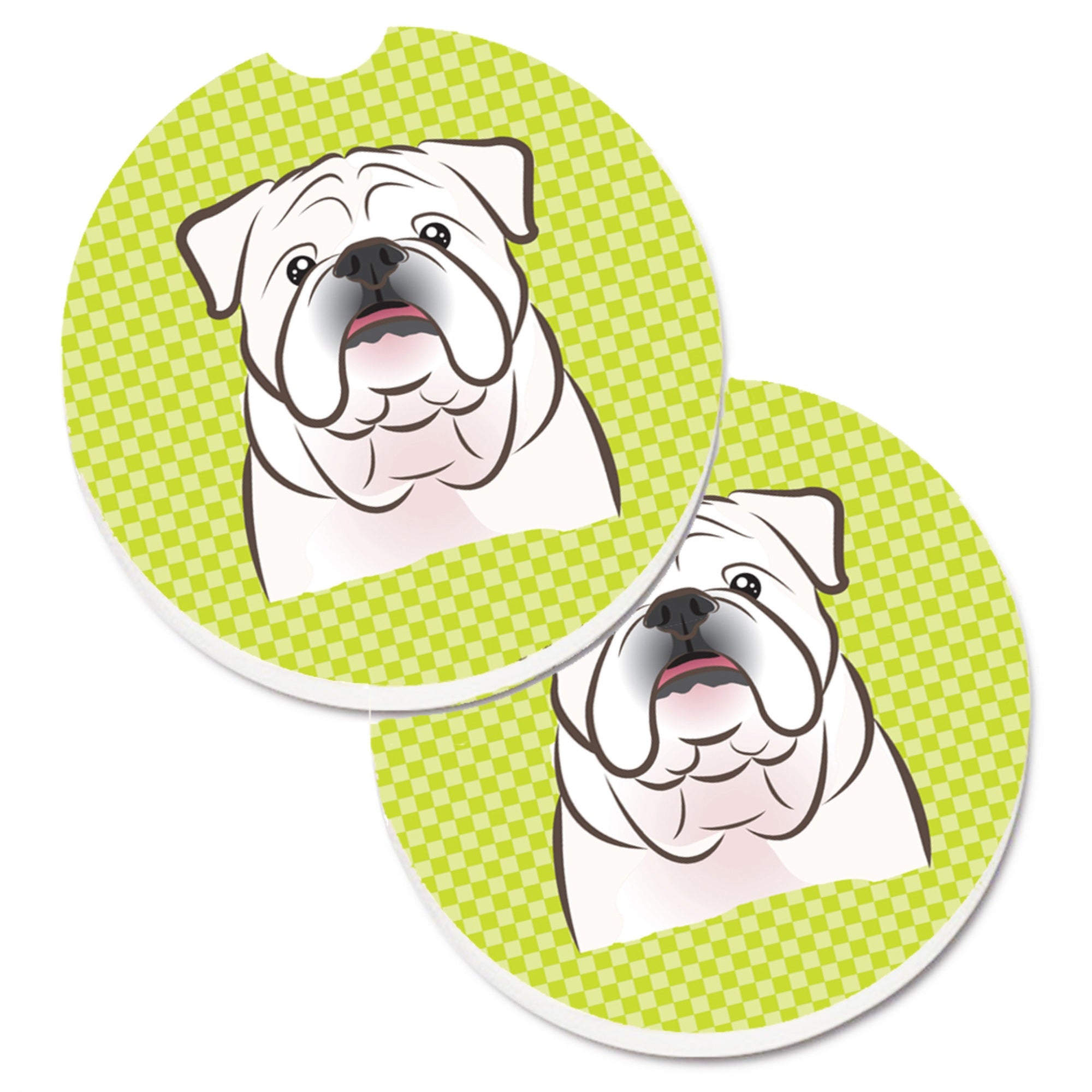 'Caroline'S Treasures Checkerboard Lime Green White English Bulldog Set Of 2 Cup Holder Car Coasters Bb1282Carc, 2.56, Multicol