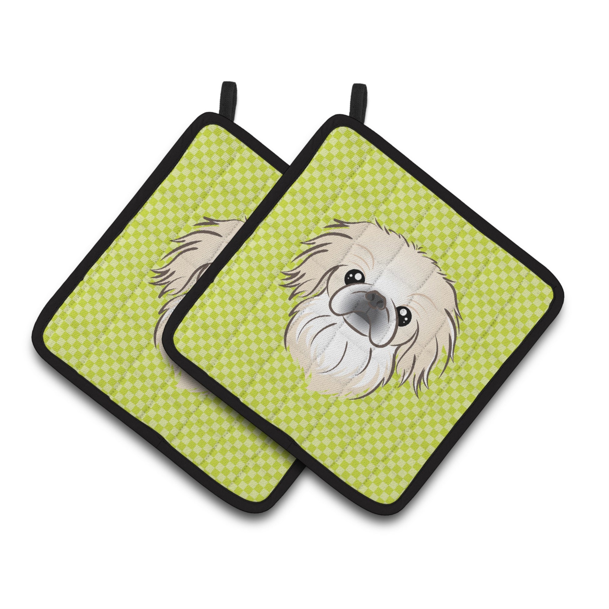'Caroline'S Treasures Checkerboard Lime Green Pekingese Pair Of Pot Holders Bb1283Pthd, 7.5Hx7.5W, Multicolor''