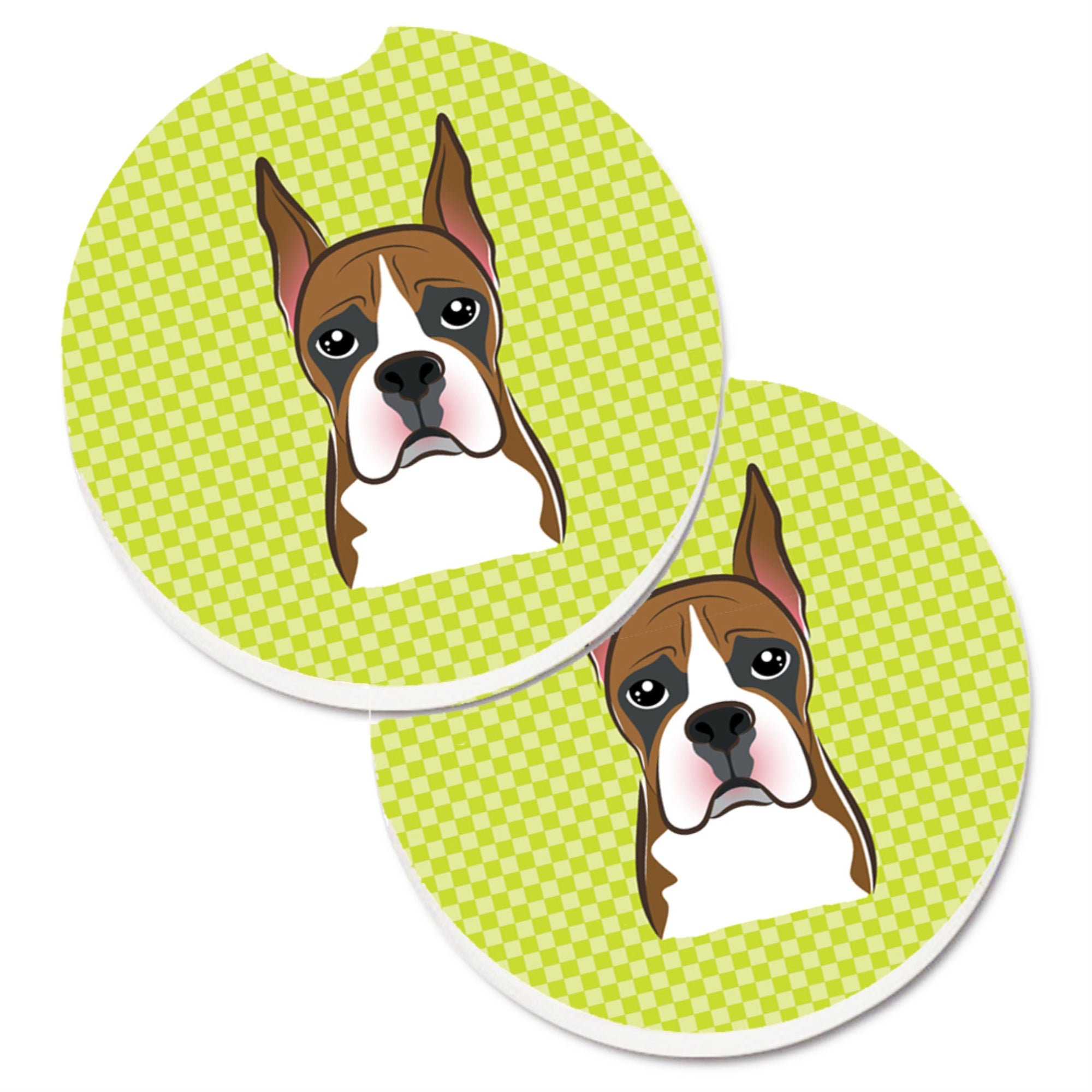 'Caroline'S Treasures Checkerboard Lime Green Boxer Set Of 2 Cup Holder Car Coasters Bb1285Carc, 2.56, Multicolor''