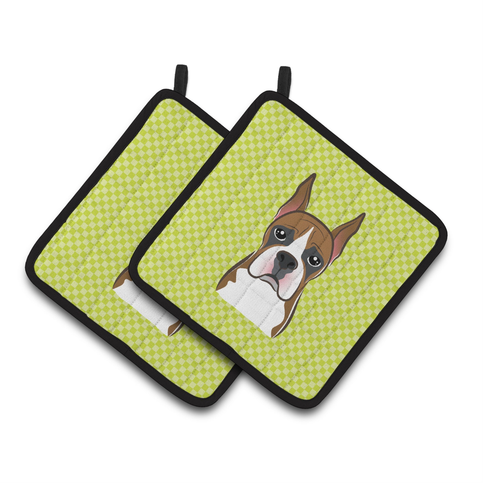 'Caroline'S Treasures Checkerboard Lime Green Boxer Pair Of Pot Holders Bb1285Pthd, 7.5Hx7.5W, Multicolor''
