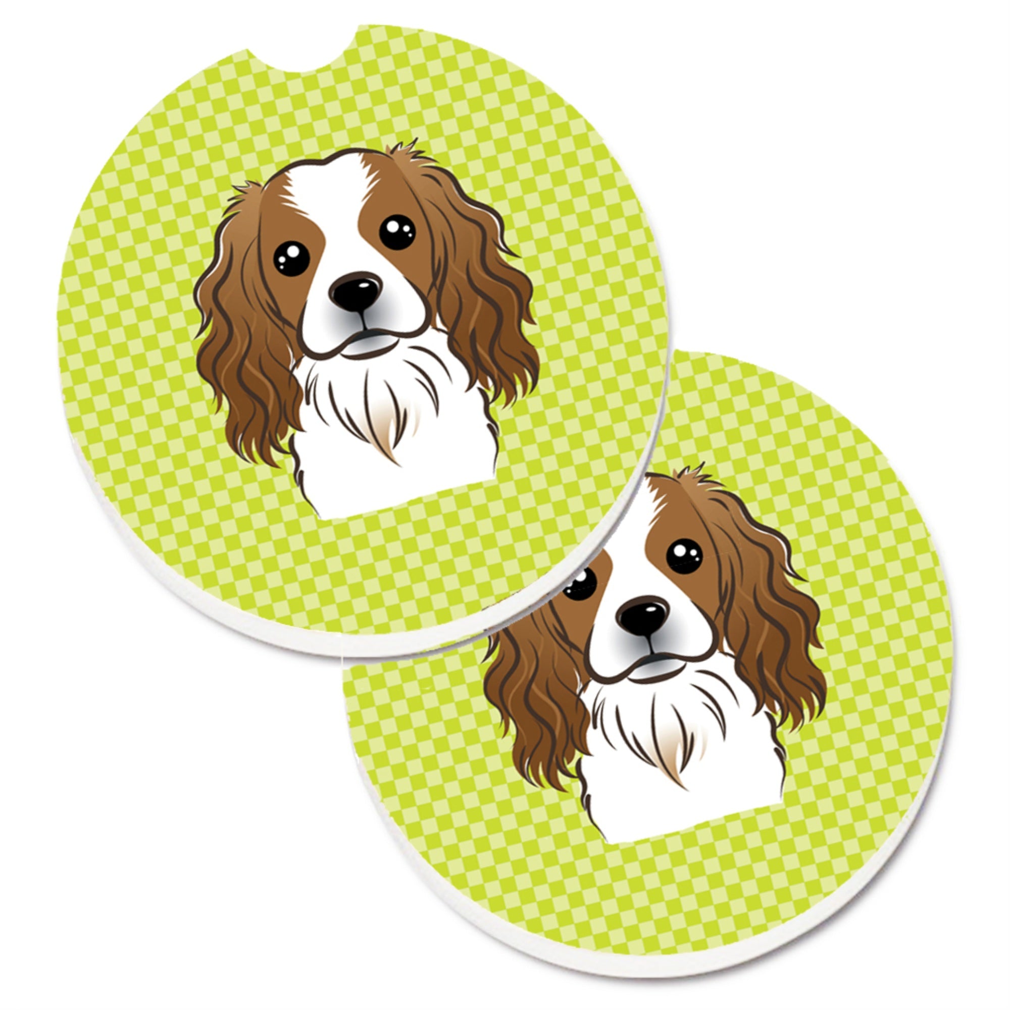'Caroline'S Treasures Checkerboard Lime Green Cavalier Spaniel Set Of 2 Cup Holder Car Coasters Bb1286Carc, 2.56, Multicolor''