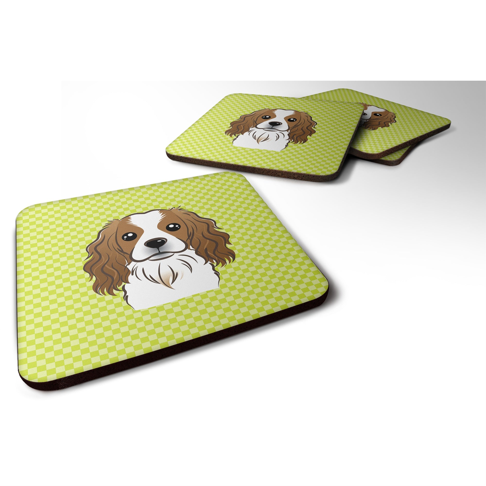 'Caroline'S Treasures Bb1286Fc Checkerboard Lime Green Cavalier Spaniel Foam Coaster (Set Of 4), 3.5'''' H X 3.5'''' W, Multico