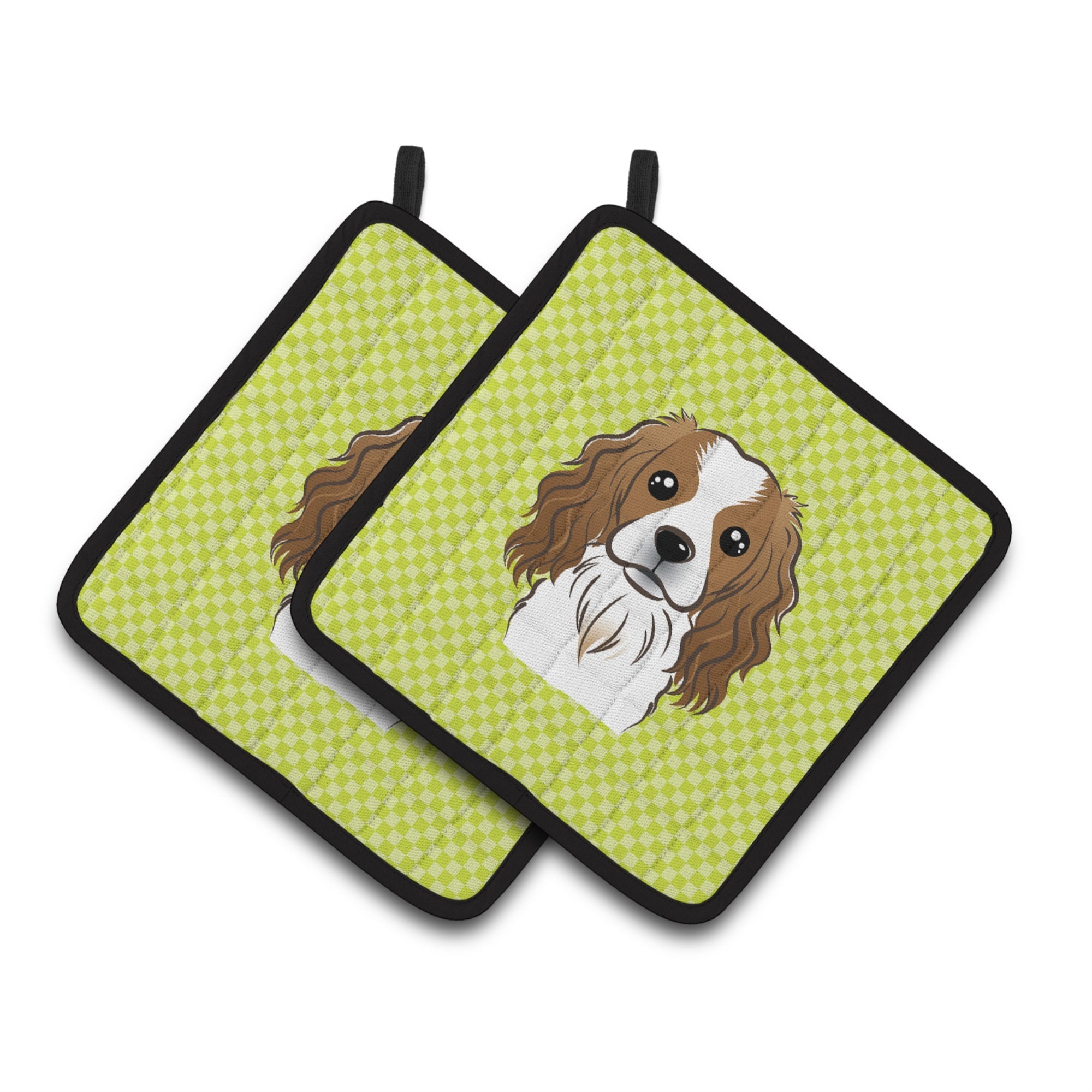 'Caroline'S Treasures Checkerboard Lime Green Cavalier Spaniel Pair Of Pot Holders Bb1286Pthd, 7.5Hx7.5W, Multicolor''