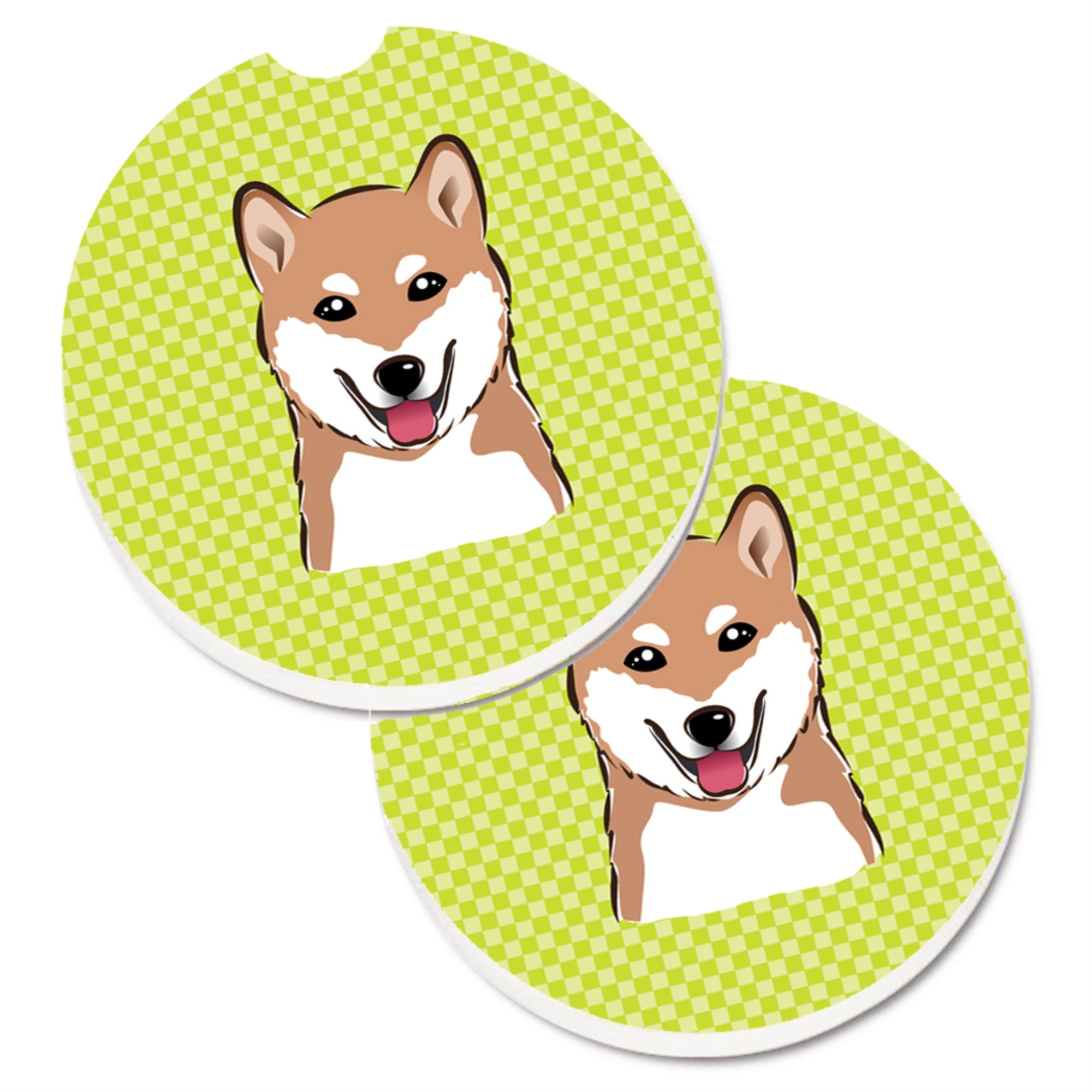 'Caroline'S Treasures Checkerboard Lime Green Shiba Inu Set Of 2 Cup Holder Car Coasters Bb1287Carc, 2.56, Multicolor''