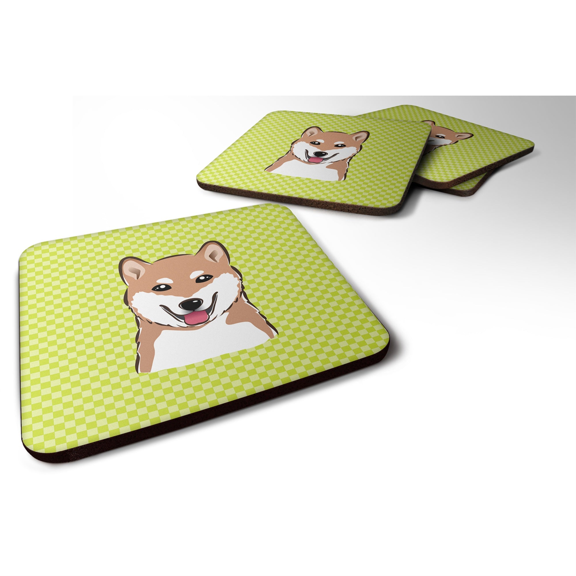 'Caroline'S Treasures Bb1287Fc Checkerboard Lime Green Shiba Inu Foam Coaster (Set Of 4), 3.5'''' H X 3.5'''' W, Multicolor''