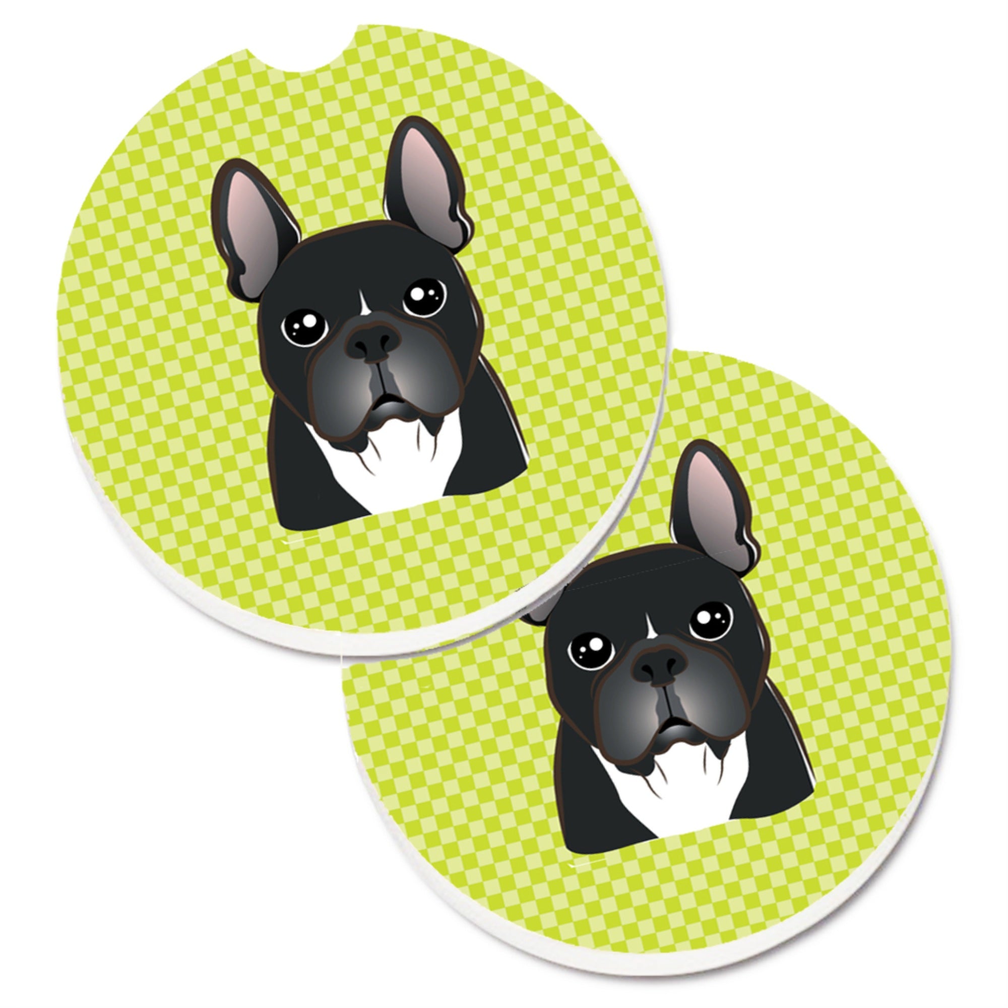 'Caroline'S Treasures Checkerboard Lime Green French Bulldog Set Of 2 Cup Holder Car Coasters Bb1289Carc, 2.56, Multicolor''