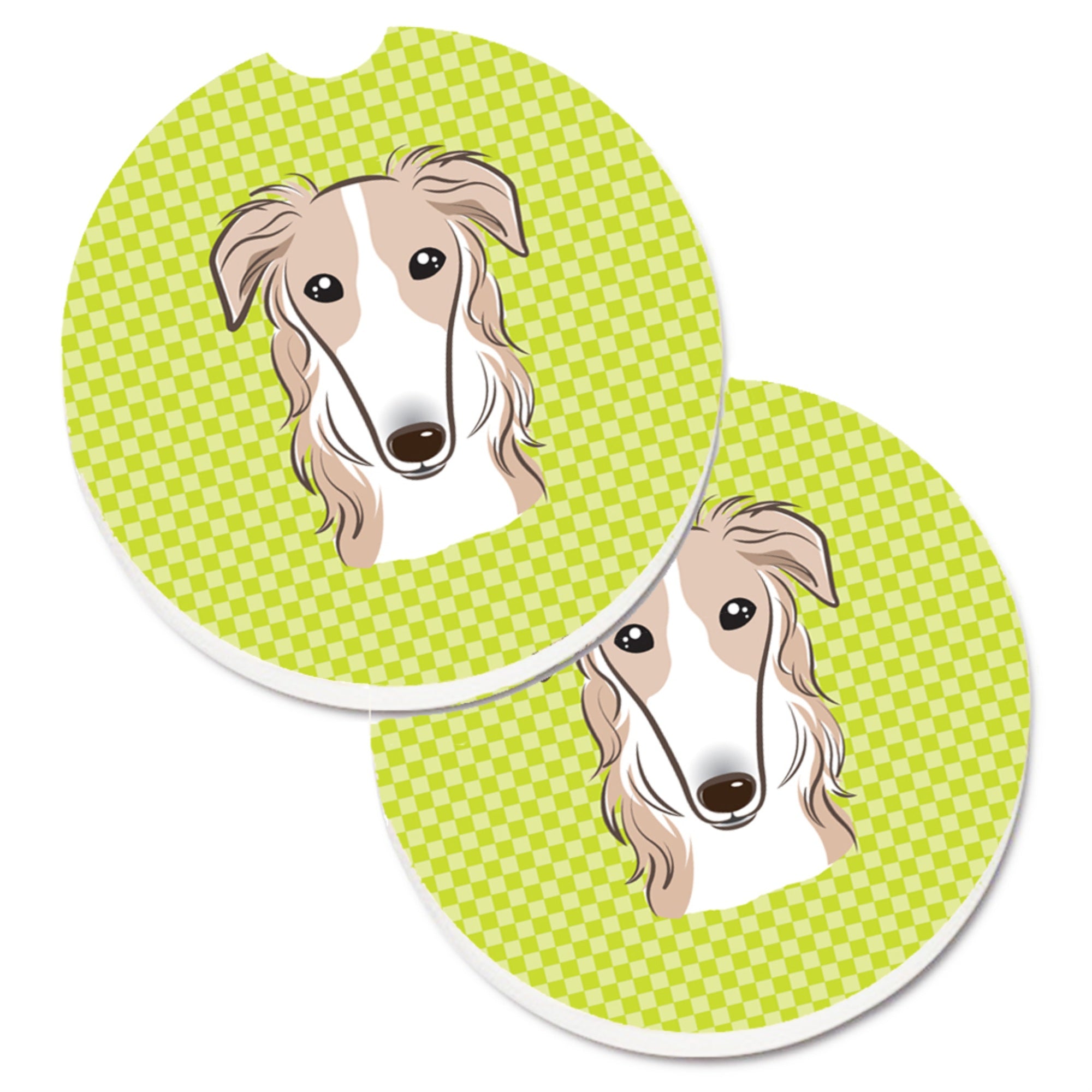 'Caroline'S Treasures Checkerboard Lime Green Borzoi Set Of 2 Cup Holder Car Coasters Bb1290Carc, 2.56, Multicolor''