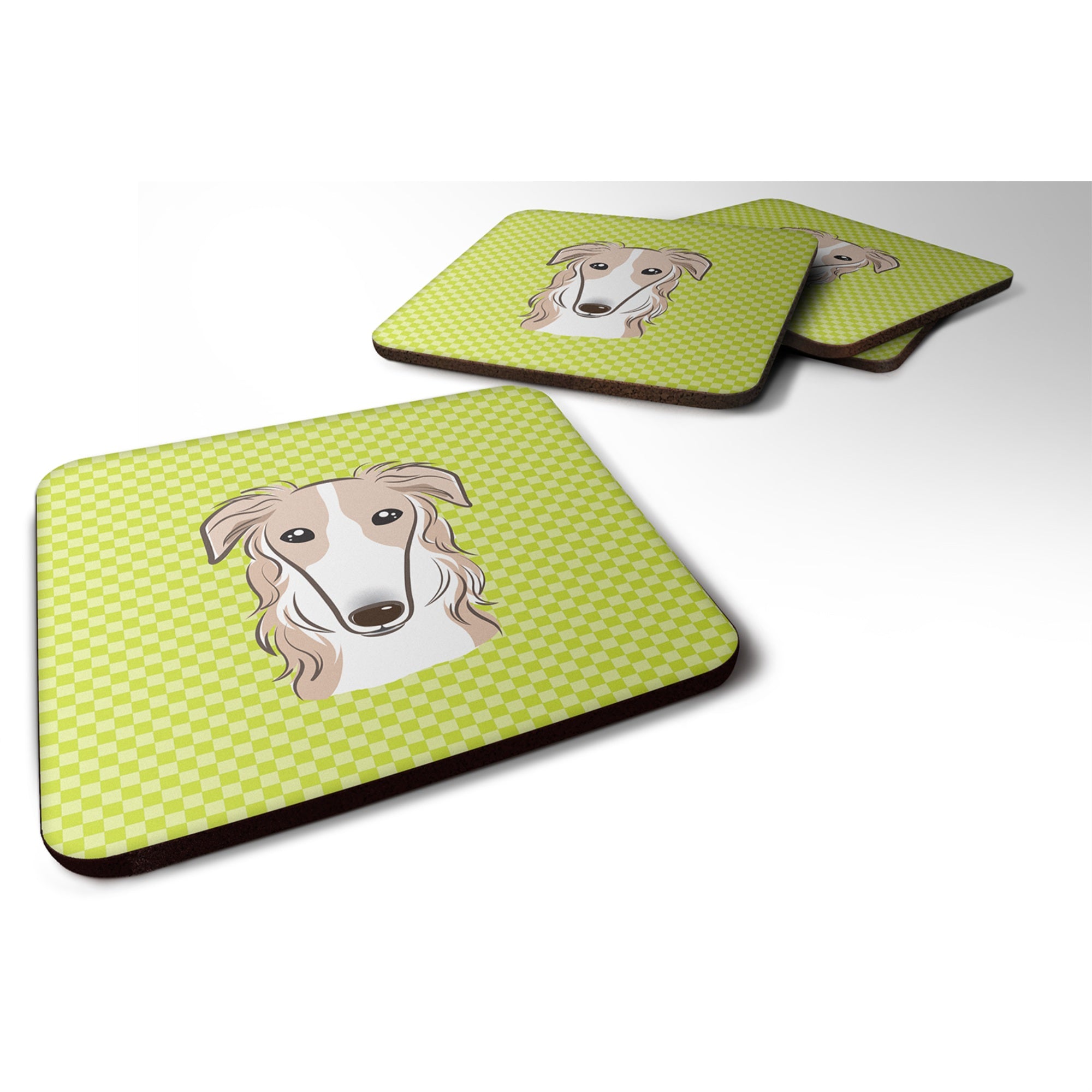 'Caroline'S Treasures Bb1290Fc Checkerboard Lime Green Borzoi Foam Coaster (Set Of 4), 3.5'''' H X 3.5'''' W, Multicolor''