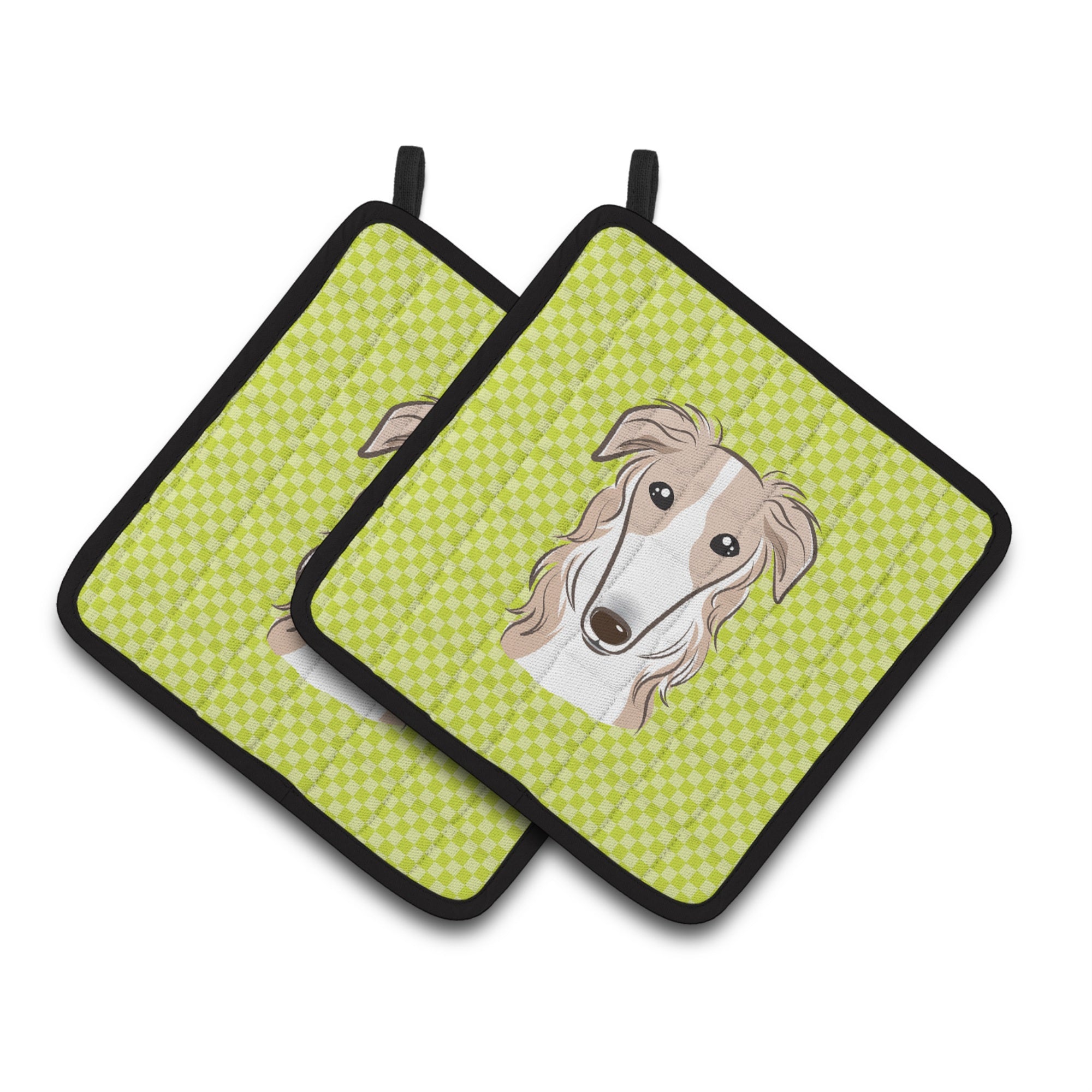 'Caroline'S Treasures Checkerboard Lime Green Borzoi Pair Of Pot Holders Bb1290Pthd, 7.5Hx7.5W, Multicolor''