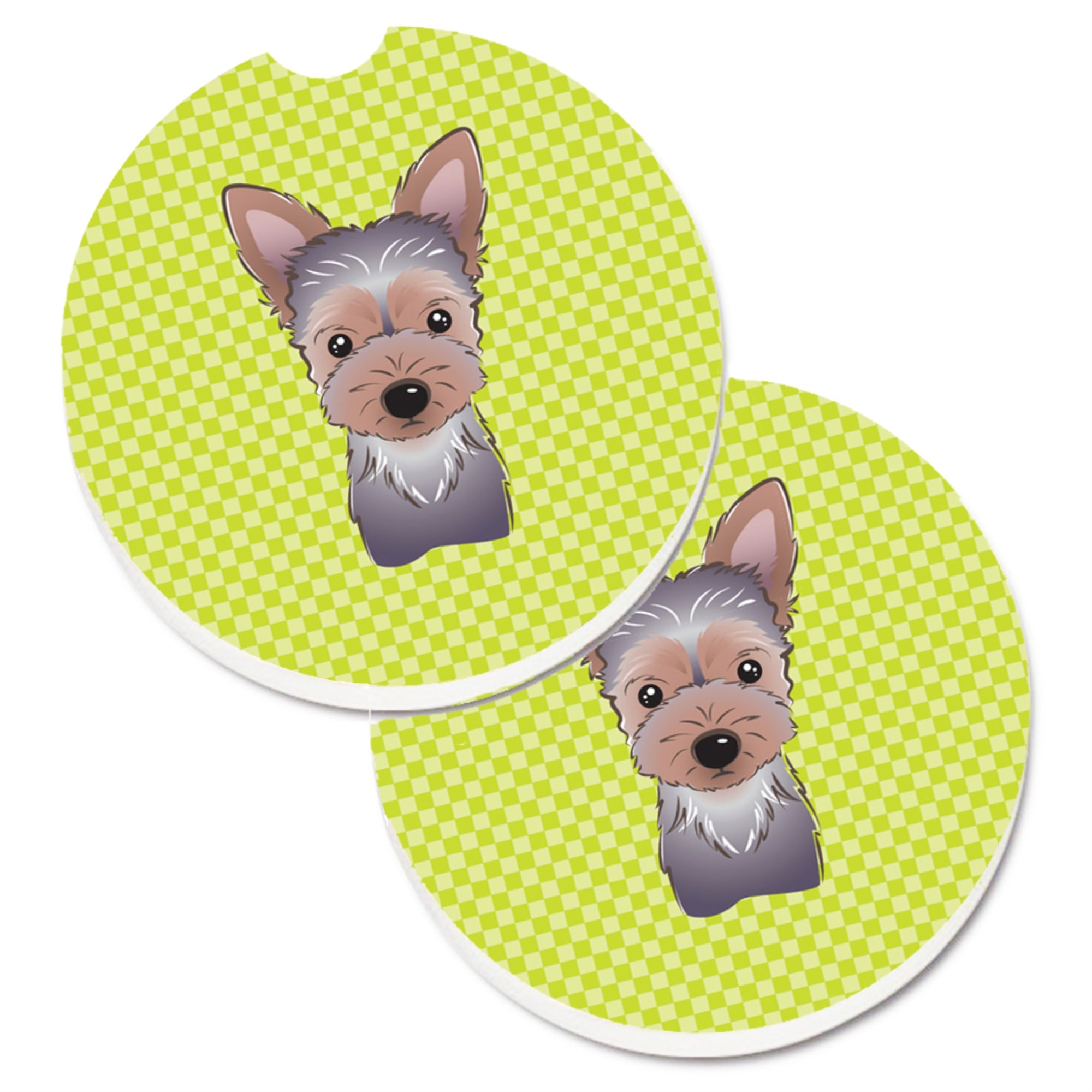 'Caroline'S Treasures Checkerboard Lime Green Yorkie Puppy Set Of 2 Cup Holder Car Coasters Bb1294Carc, 2.56, Multicolor''