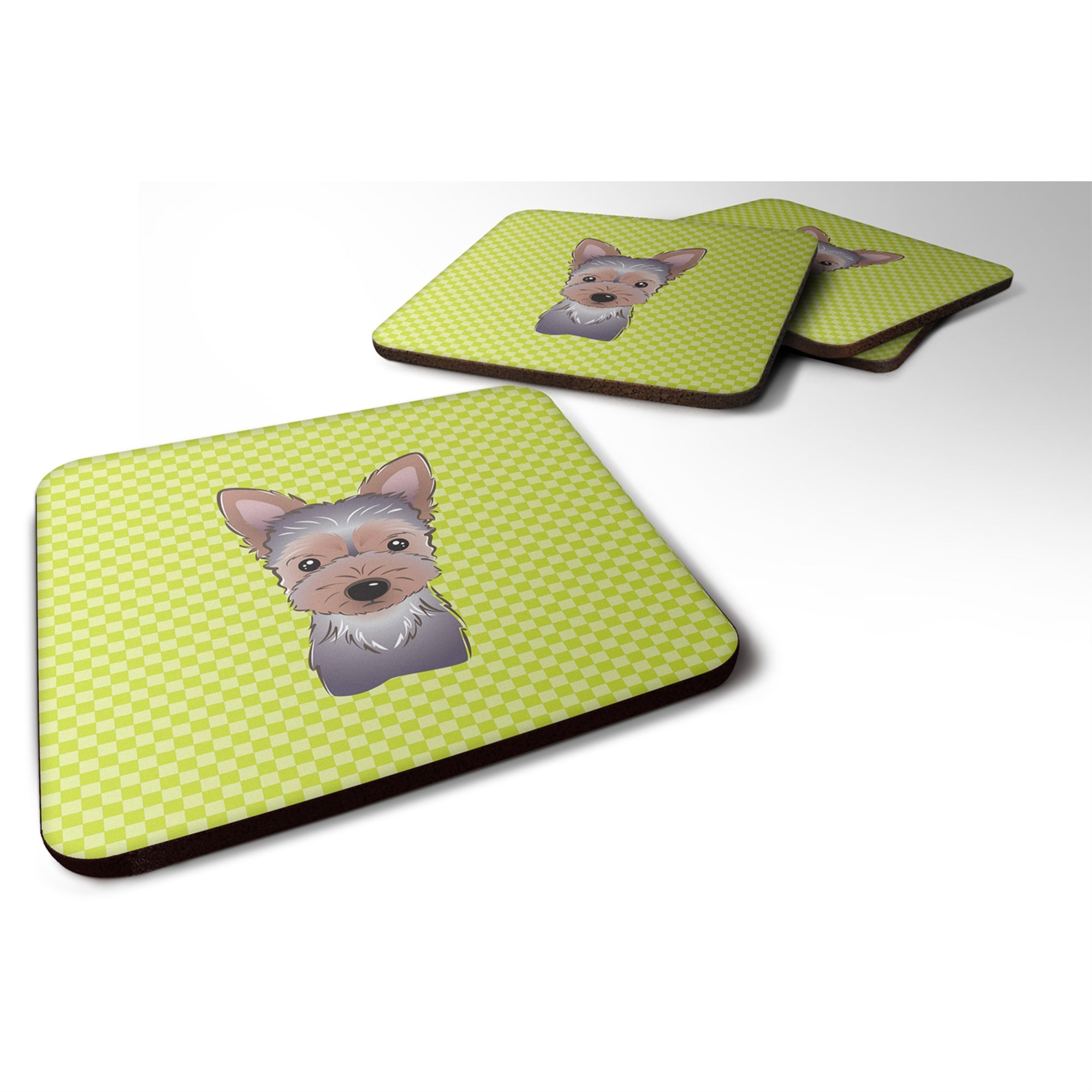 'Caroline'S Treasures Bb1294Fc Checkerboard Lime Green Yorkie Puppy Foam Coaster (Set Of 4), 3.5'''' H X 3.5'''' W, Multicolor'