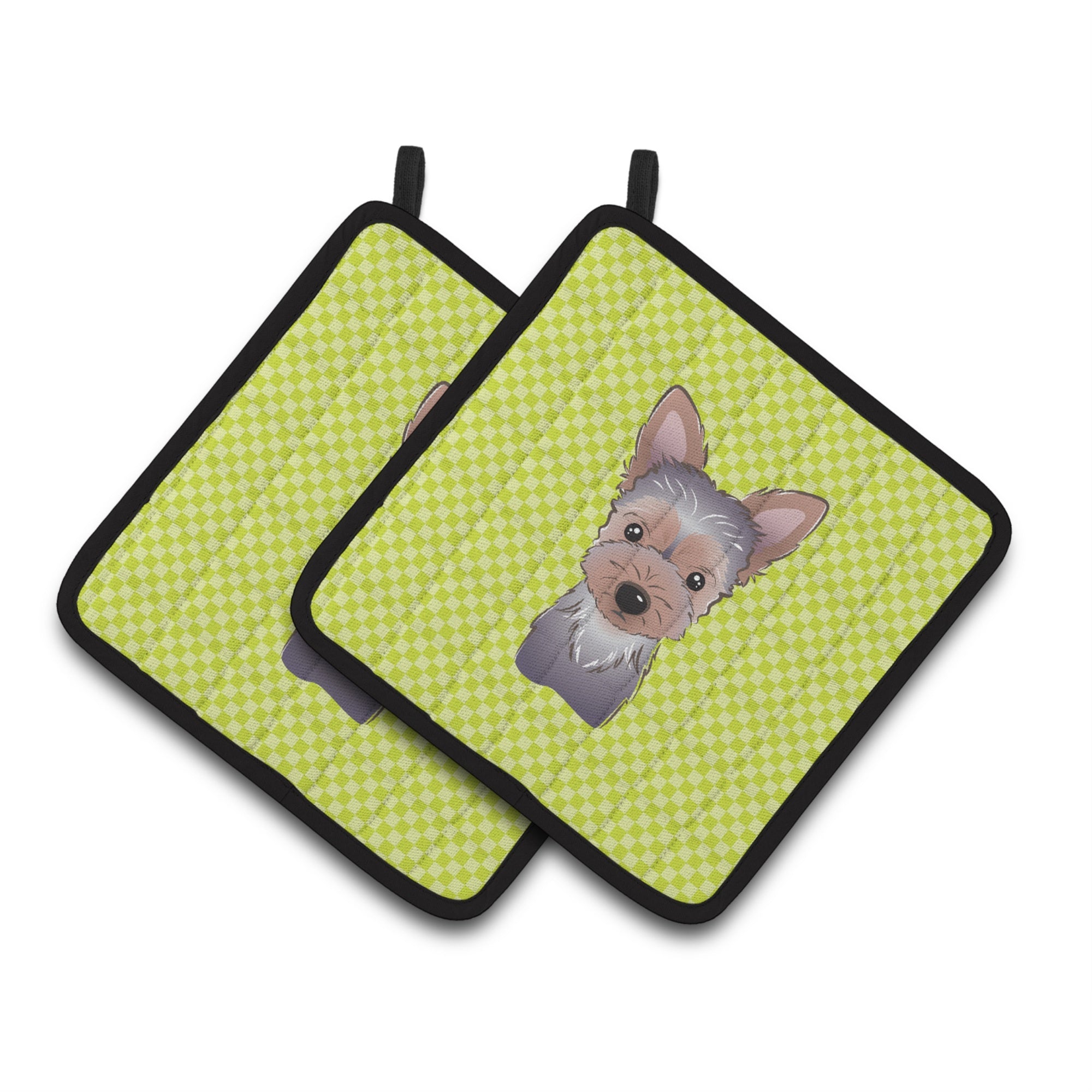 'Caroline'S Treasures Checkerboard Lime Green Yorkie Puppy Pair Of Pot Holders Bb1294Pthd, 7.5Hx7.5W, Multicolor''