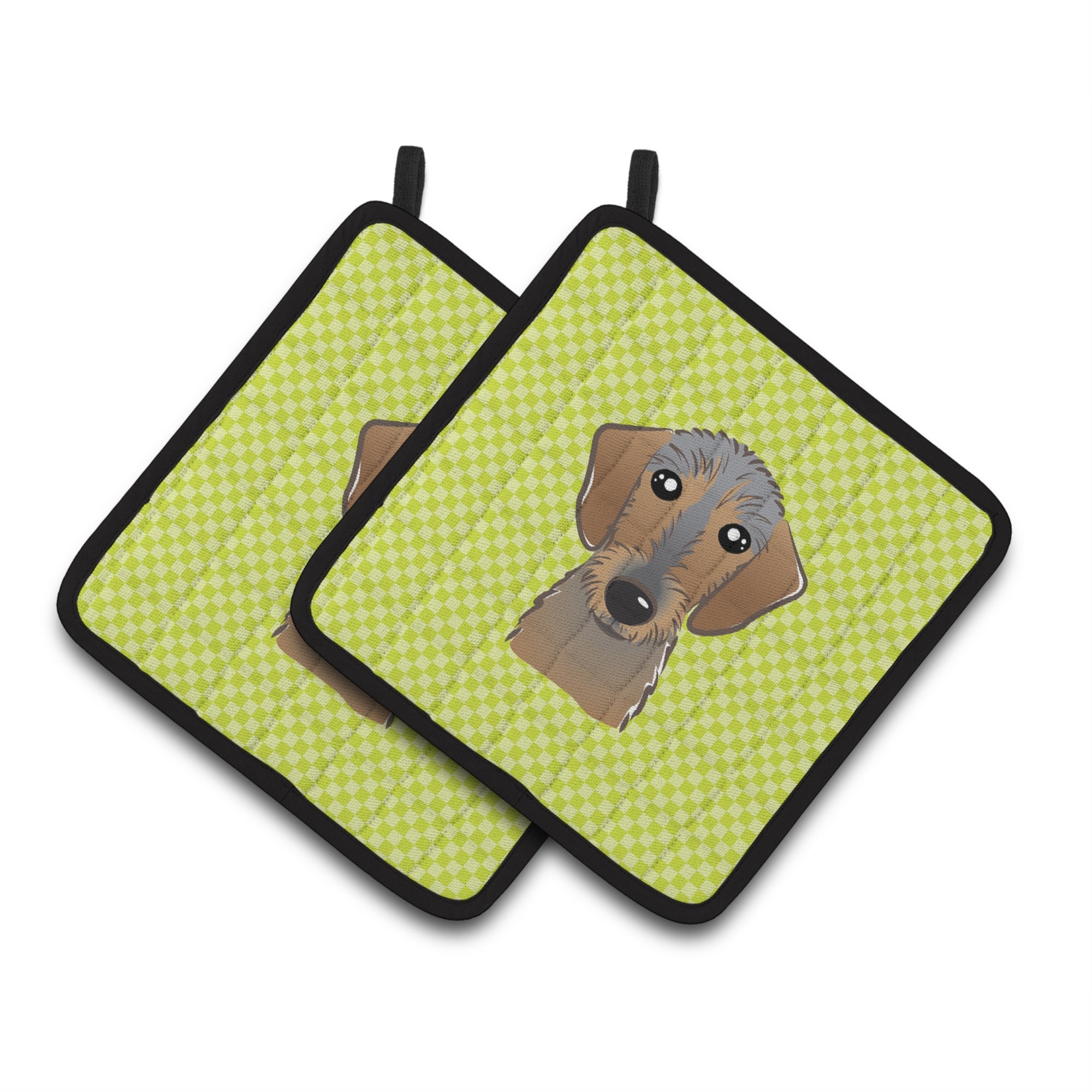 'Caroline'S Treasures Checkerboard Lime Green Wirehaired Dachshund Pair Of Pot Holders Bb1295Pthd, 7.5Hx7.5W, Multicolor''
