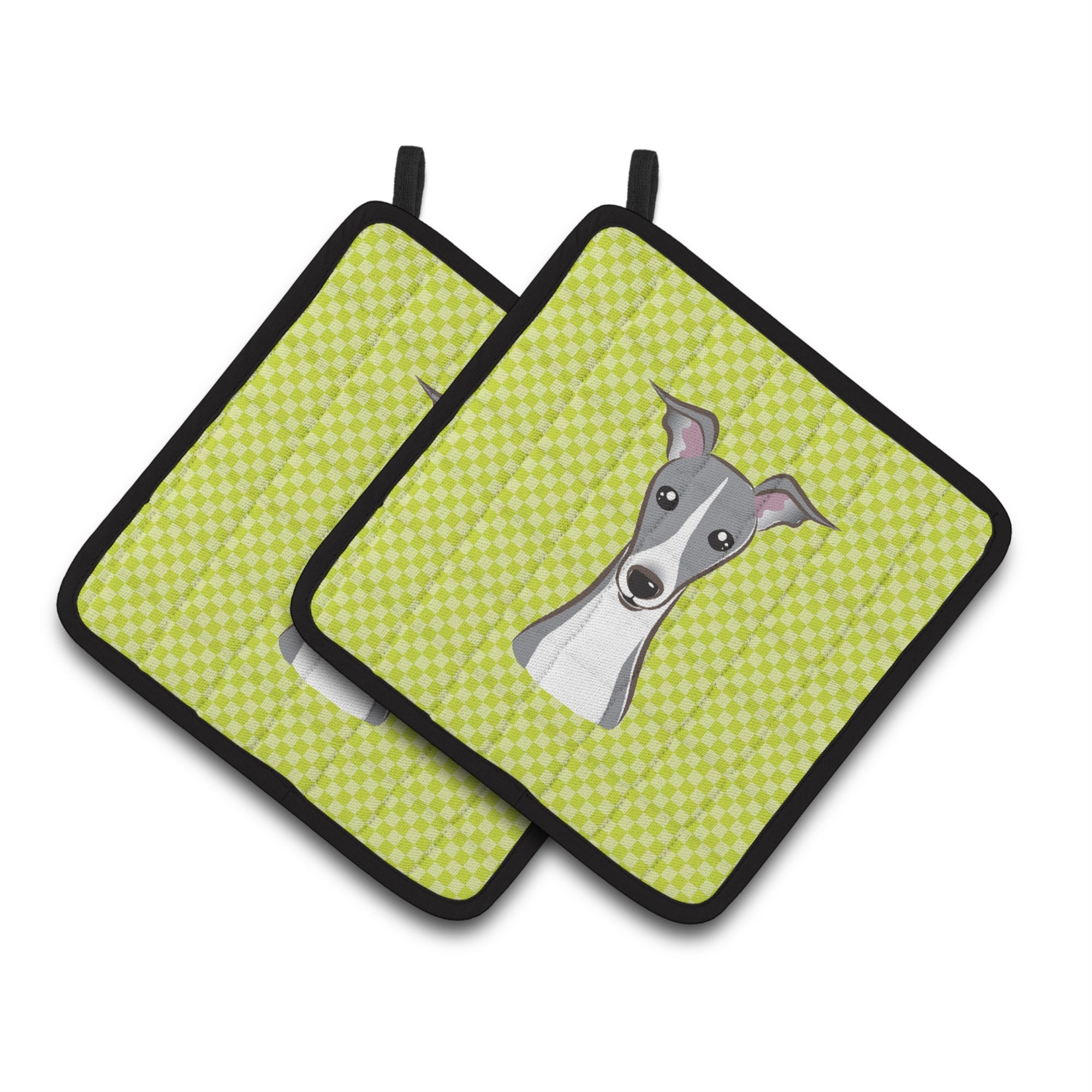 'Caroline'S Treasures Checkerboard Lime Green Italian Greyhound Pair Of Pot Holders Bb1298Pthd, 7.5Hx7.5W, Multicolor''