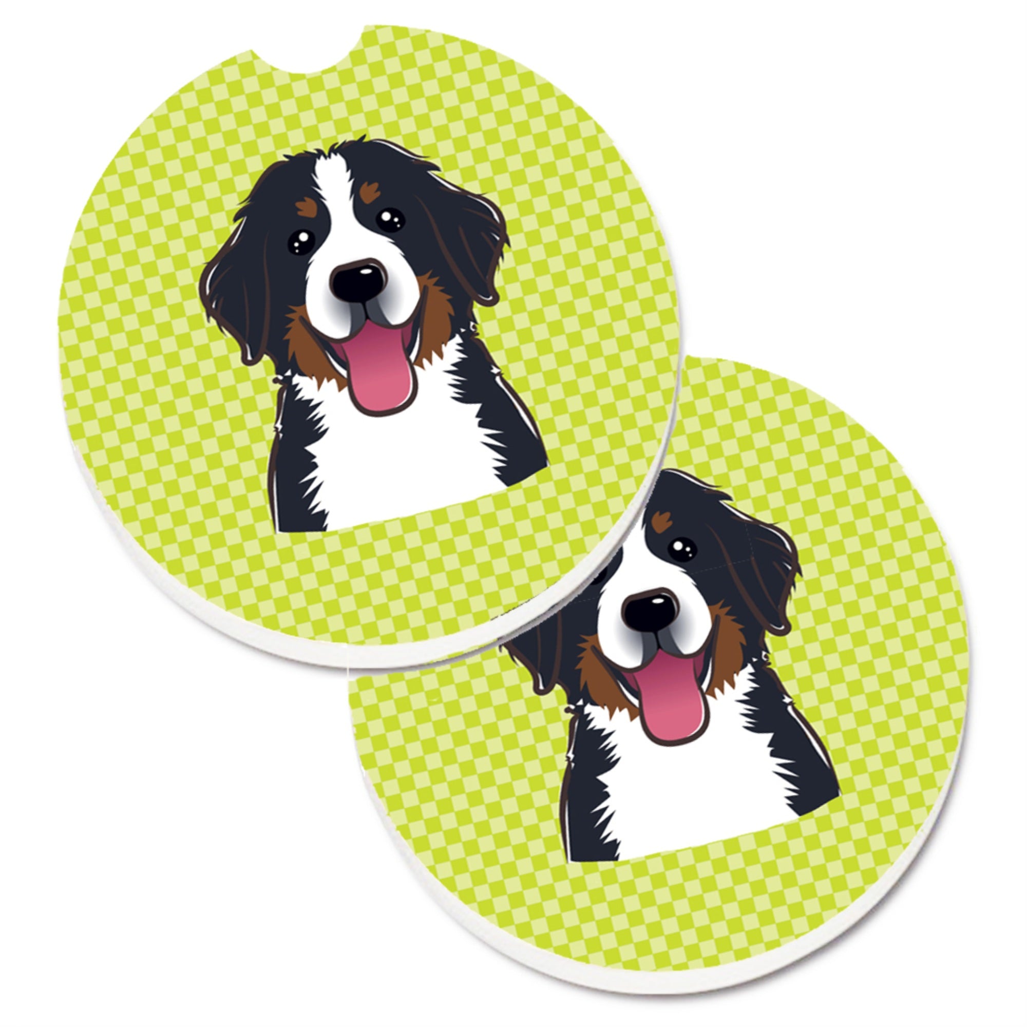 'Caroline'S Treasures Checkerboard Lime Green Bernese Mountain Dog Set Of 2 Cup Holder Car Coasters Bb1299Carc, 2.56, Multicolo