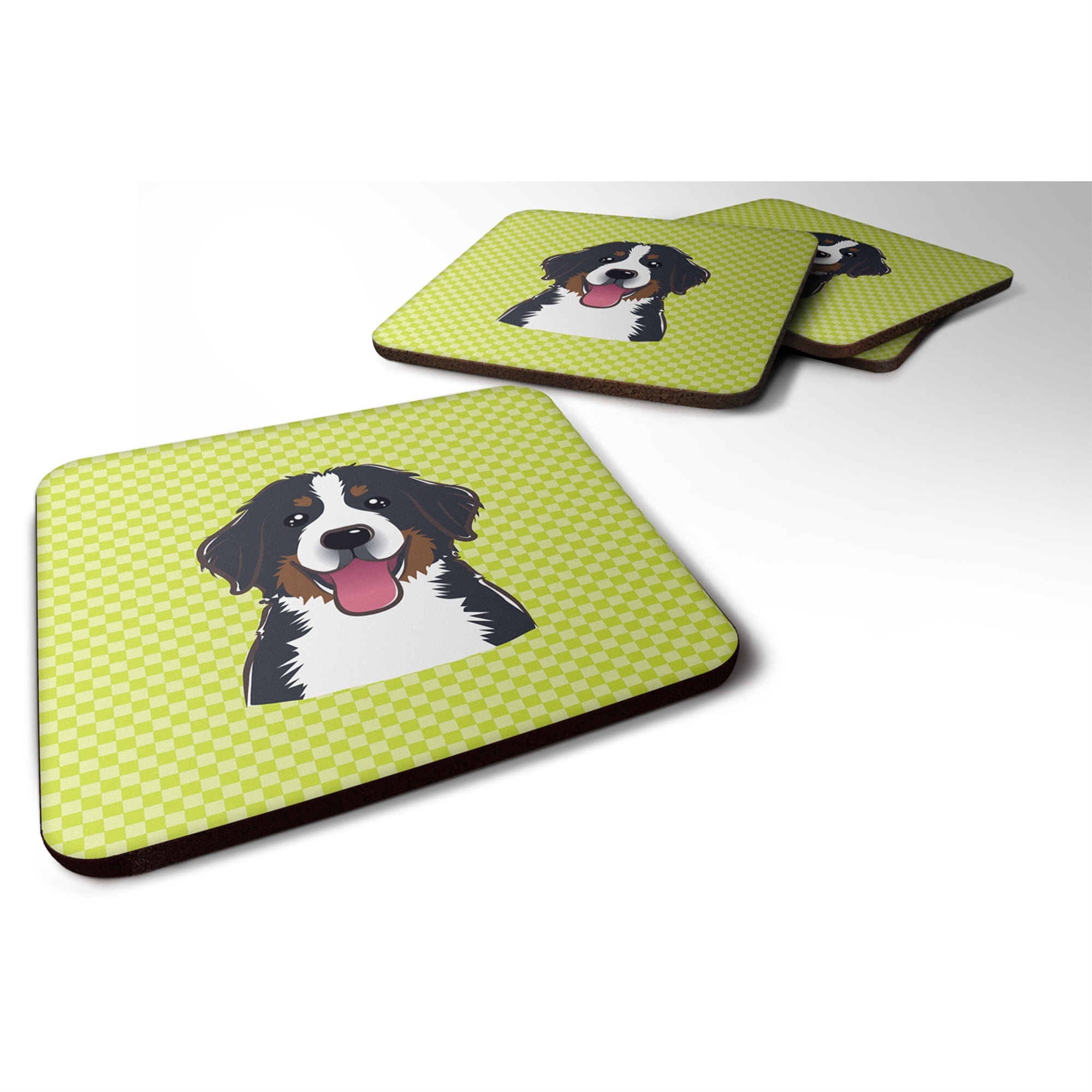 'Caroline'S Treasures Bb1299Fc Checkerboard Lime Green Bernese Mountain Dog Foam Coaster (Set Of 4), 3.5'''' H X 3.5'''' W, Mul