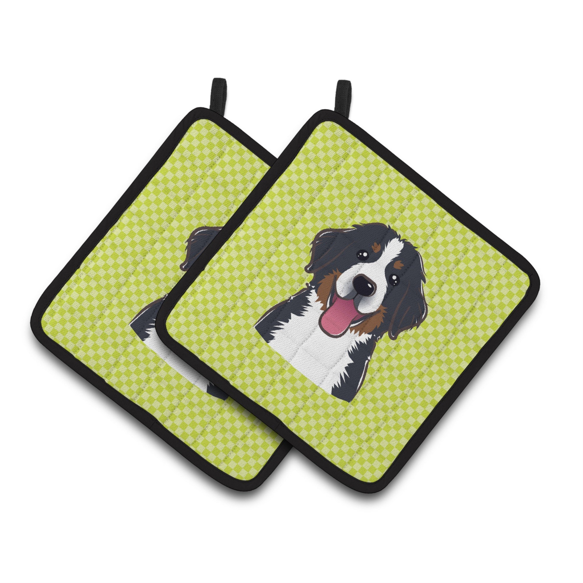 'Caroline'S Treasures Checkerboard Lime Green Bernese Mountain Dog Pair Of Pot Holders Bb1299Pthd, 7.5Hx7.5W, Multicolor''