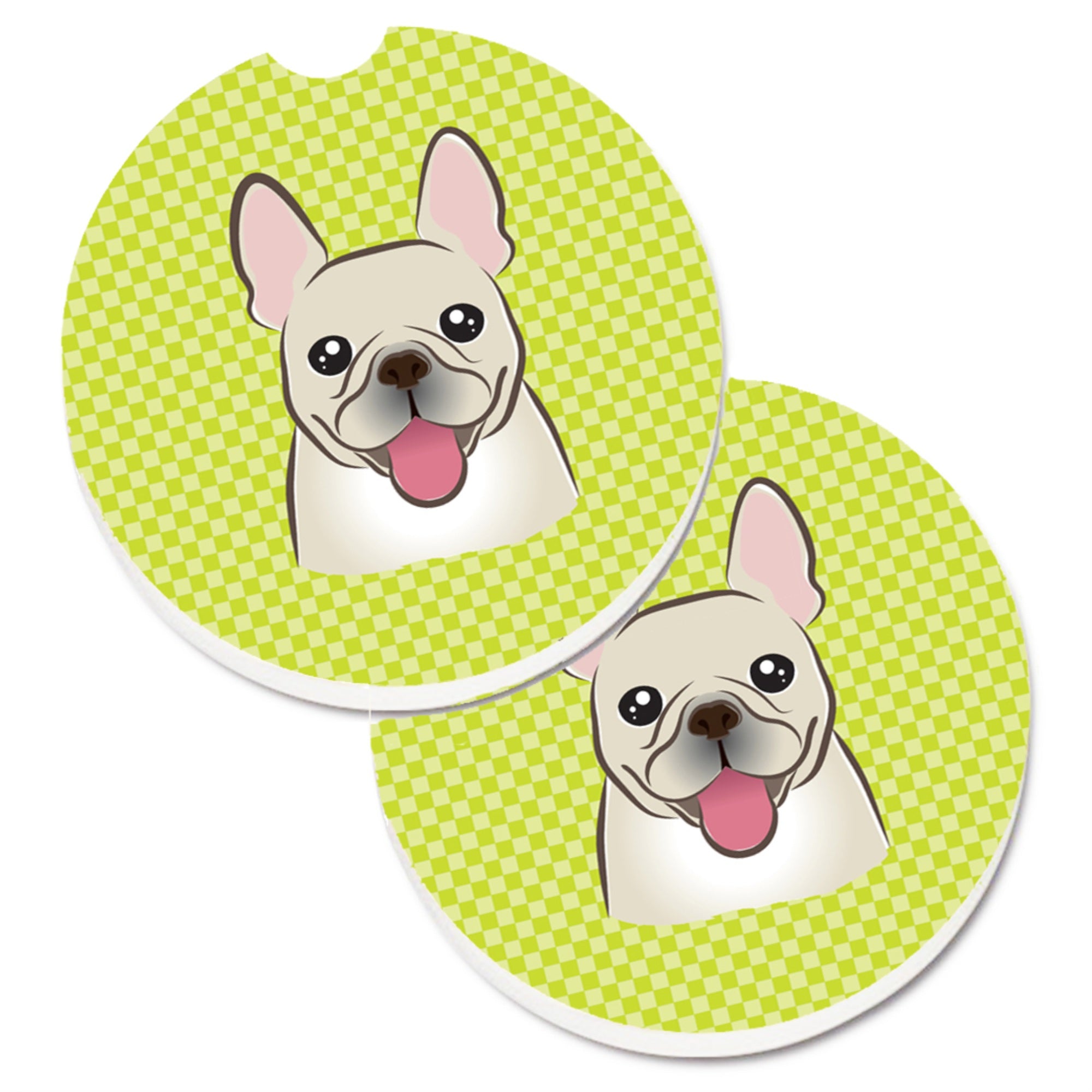 'Caroline'S Treasures Checkerboard Lime Green French Bulldog Set Of 2 Cup Holder Car Coasters Bb1300Carc, 2.56, Multicolor''