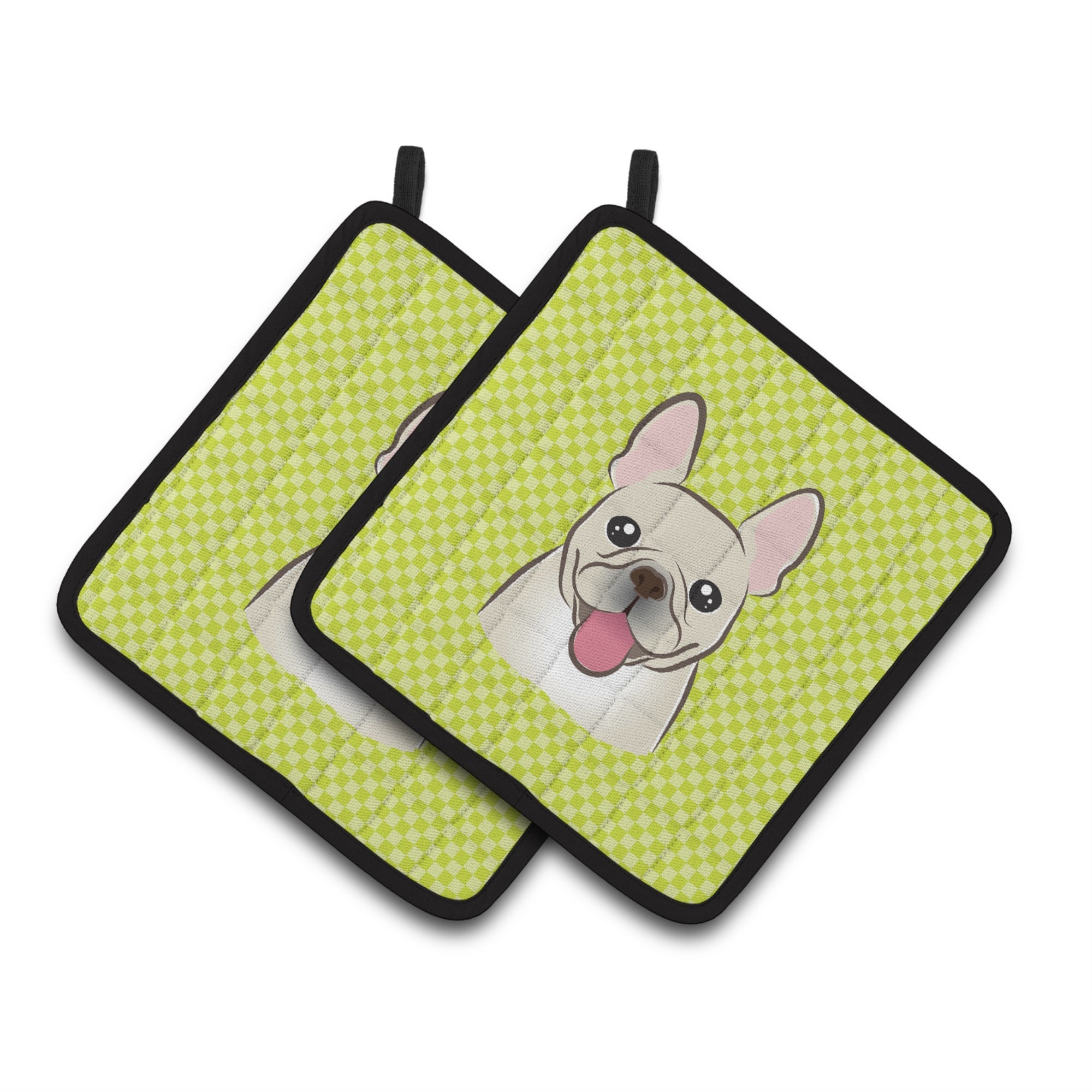 'Caroline'S Treasures Checkerboard Lime Green French Bulldog Pair Of Pot Holders Bb1300Pthd, 7.5Hx7.5W, Multicolor''