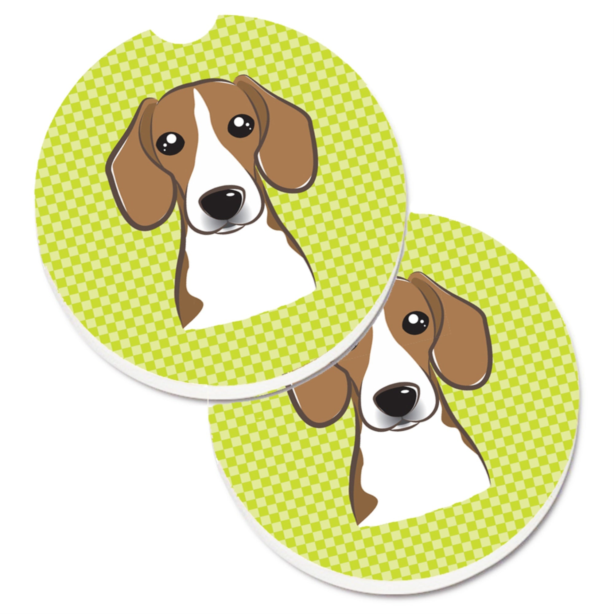 'Caroline'S Treasures Checkerboard Lime Green Beagle Set Of 2 Cup Holder Car Coasters Bb1301Carc, 2.56, Multicolor''