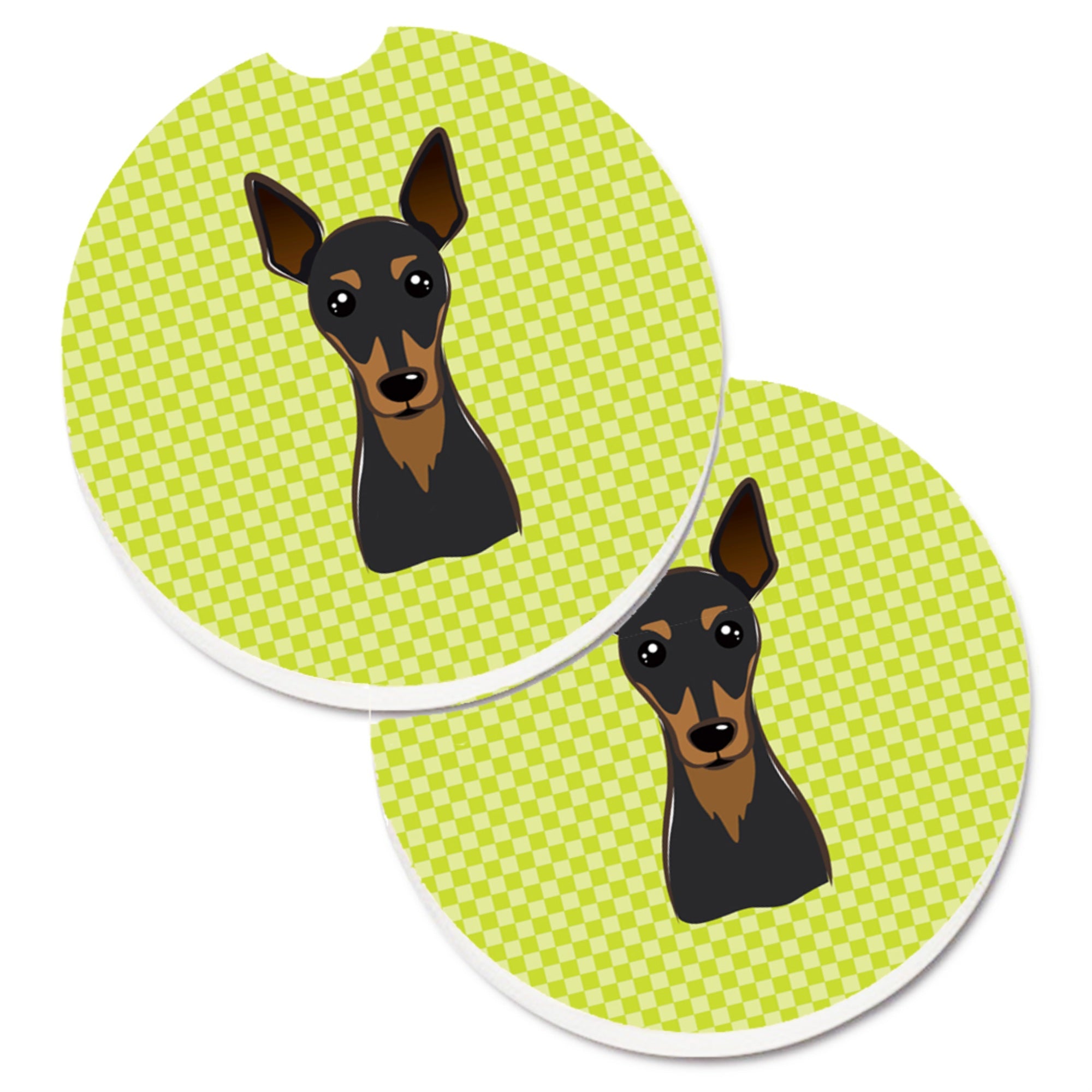 'Caroline'S Treasures Checkerboard Lime Green Min Pin Set Of 2 Cup Holder Car Coasters Bb1302Carc, 2.56, Multicolor''