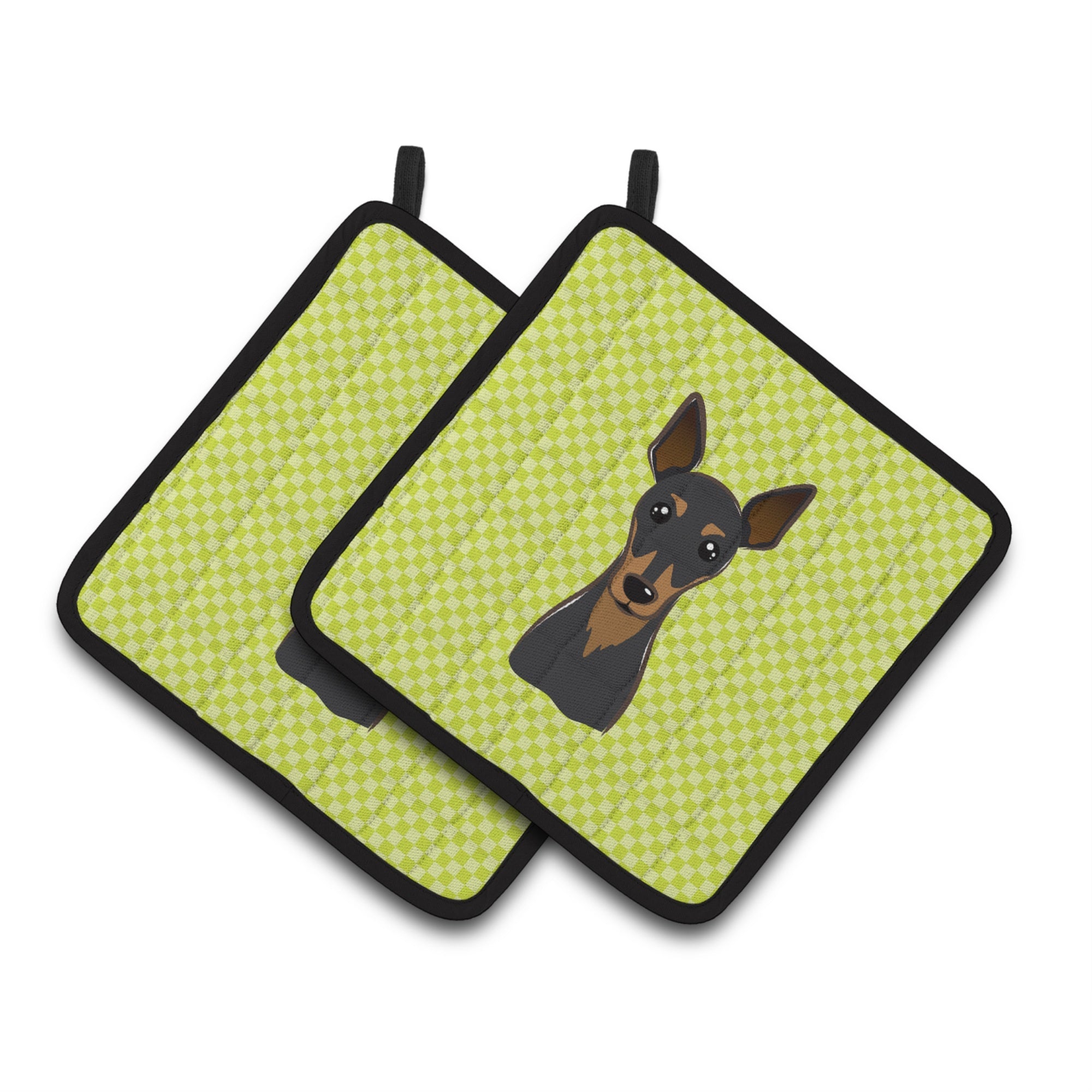 'Caroline'S Treasures Checkerboard Lime Green Min Pin Pair Of Pot Holders Bb1302Pthd, 7.5Hx7.5W, Multicolor''