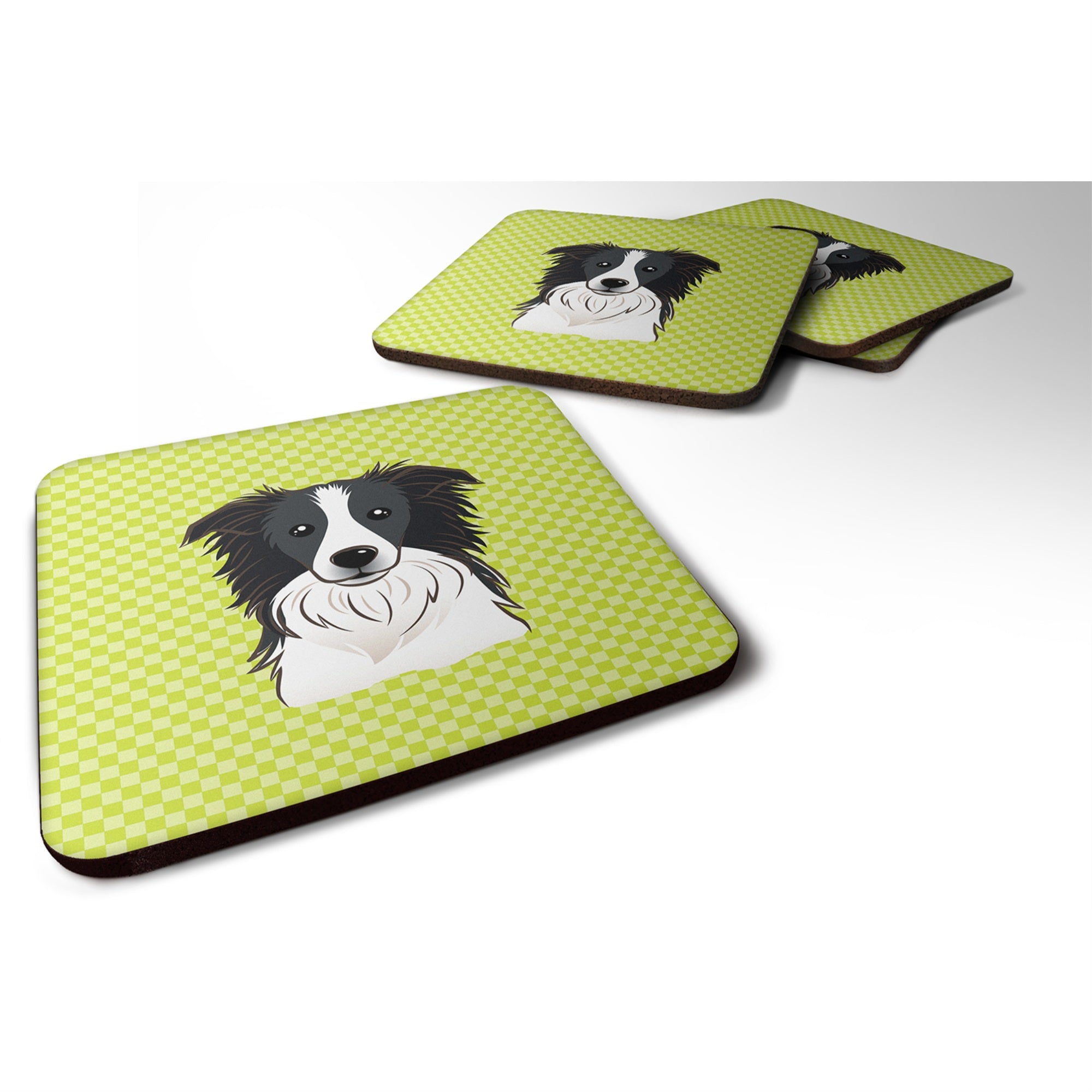 'Caroline'S Treasures Bb1303Fc Checkerboard Lime Green Border Collie Foam Coaster (Set Of 4), 3.5'''' H X 3.5'''' W, Multicolor