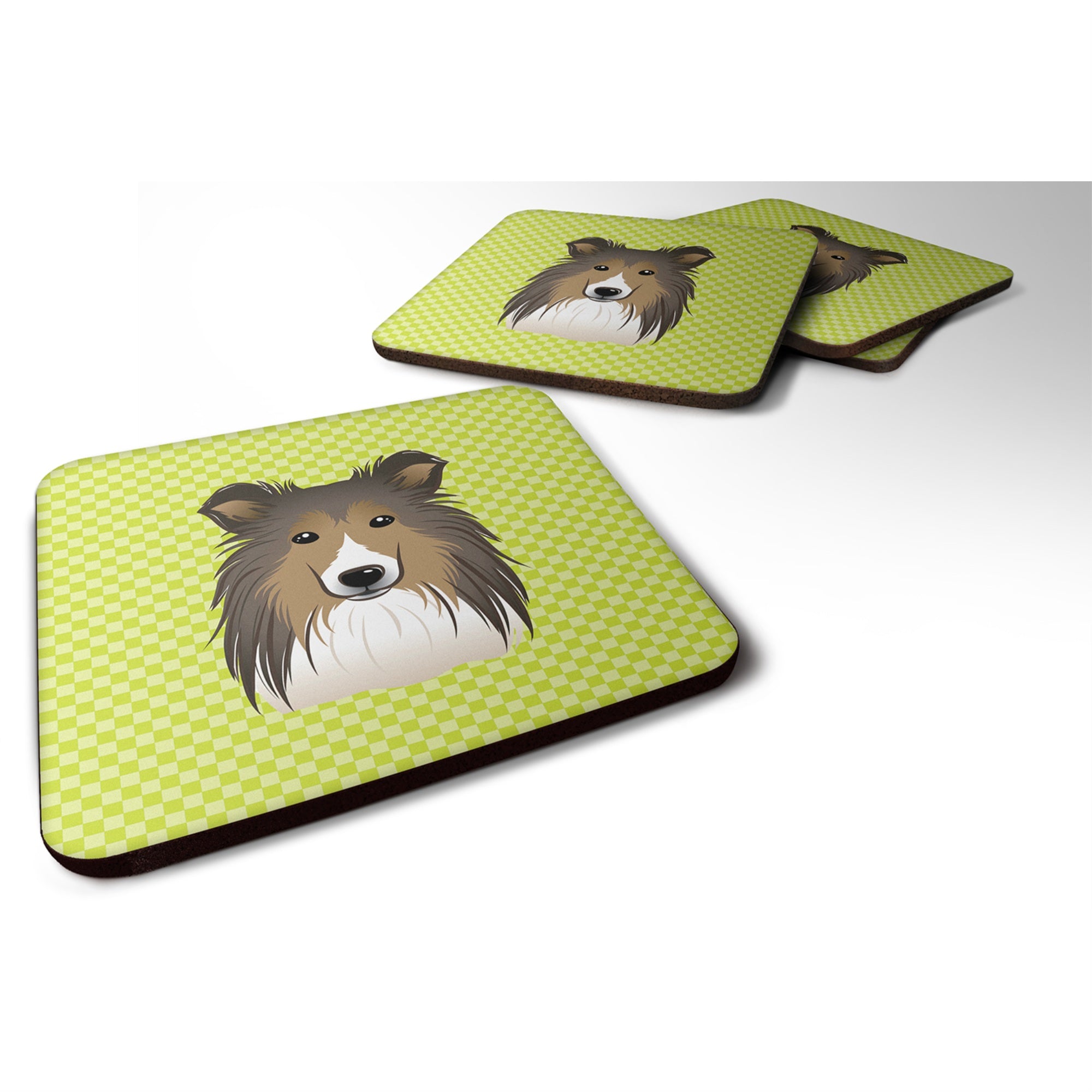 'Caroline'S Treasures Bb1304Fc Checkerboard Lime Green Sheltie Foam Coaster (Set Of 4), 3.5'''' H X 3.5'''' W, Multicolor''