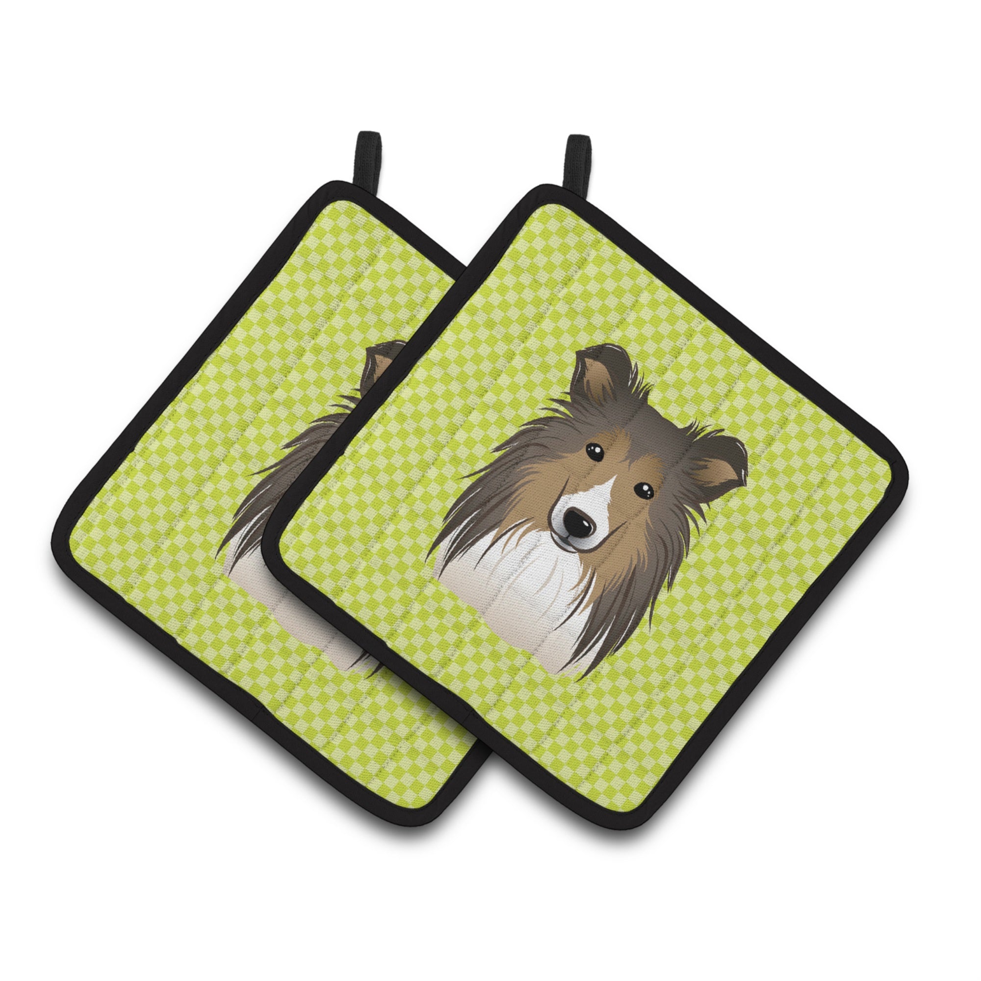 'Caroline'S Treasures Checkerboard Lime Green Sheltie Pair Of Pot Holders Bb1304Pthd, 7.5Hx7.5W, Multicolor''