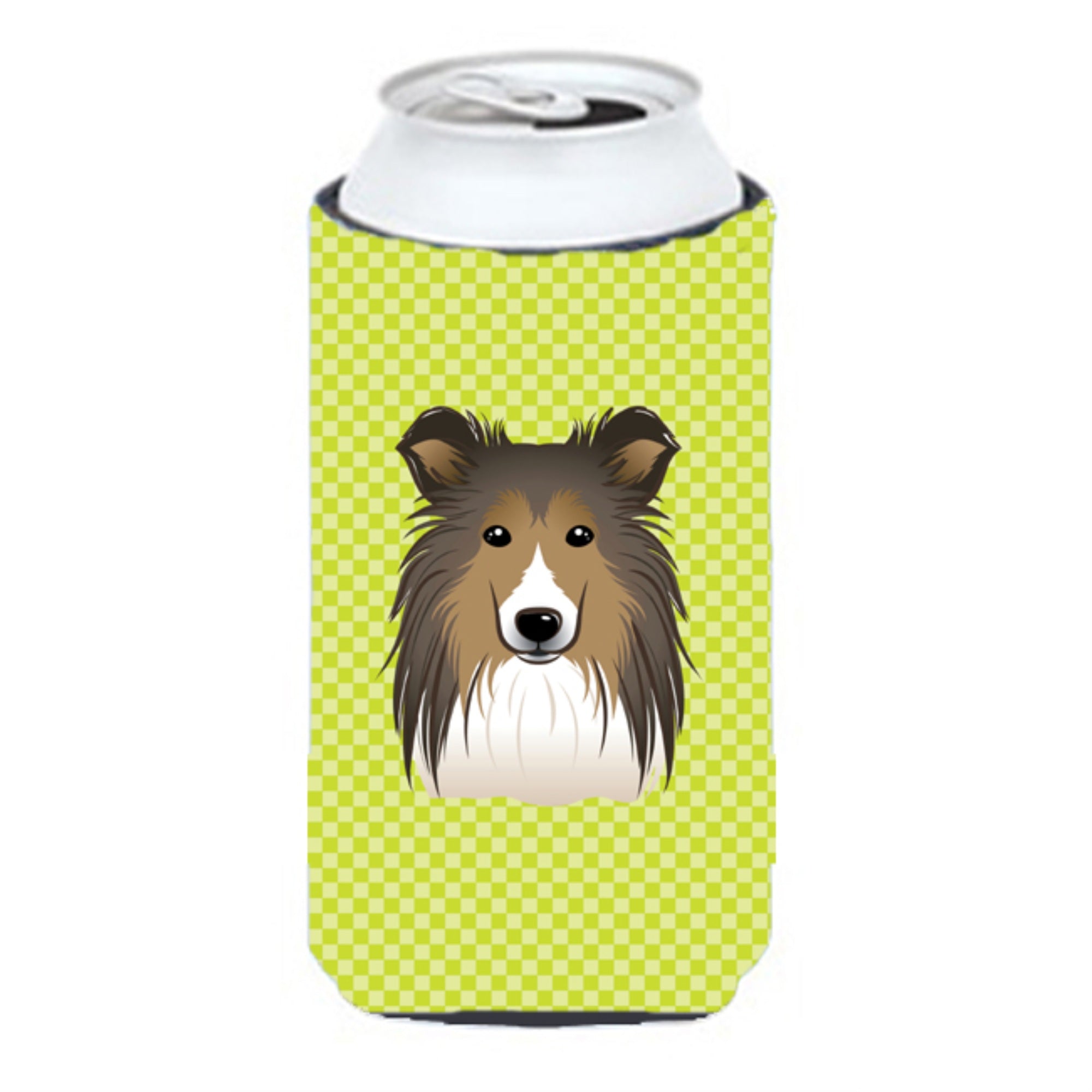 Checkerboard Lime Green Sheltie Tall Boy Beverage Insulator Hugger Bb1304Tbc