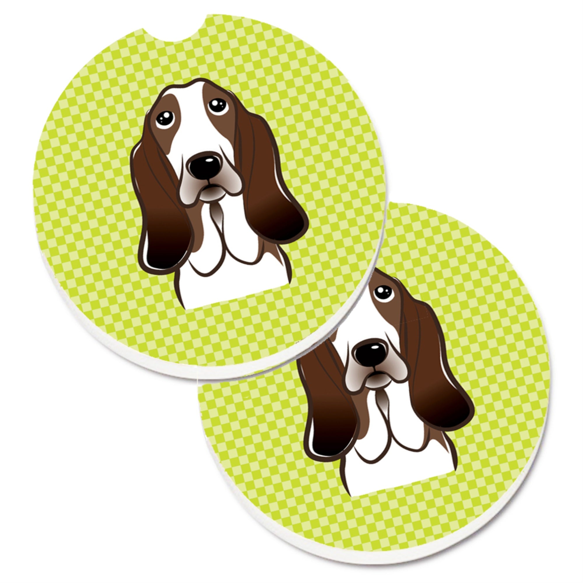 'Caroline'S Treasures Checkerboard Lime Green Basset Hound Set Of 2 Cup Holder Car Coasters Bb1305Carc, 2.56, Multicolor''