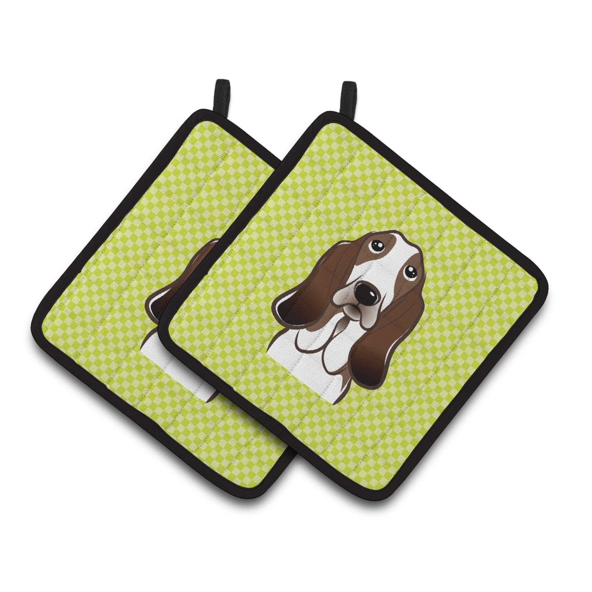 'Caroline'S Treasures Checkerboard Lime Green Basset Hound Pair Of Pot Holders Bb1305Pthd, 7.5Hx7.5W, Multicolor''