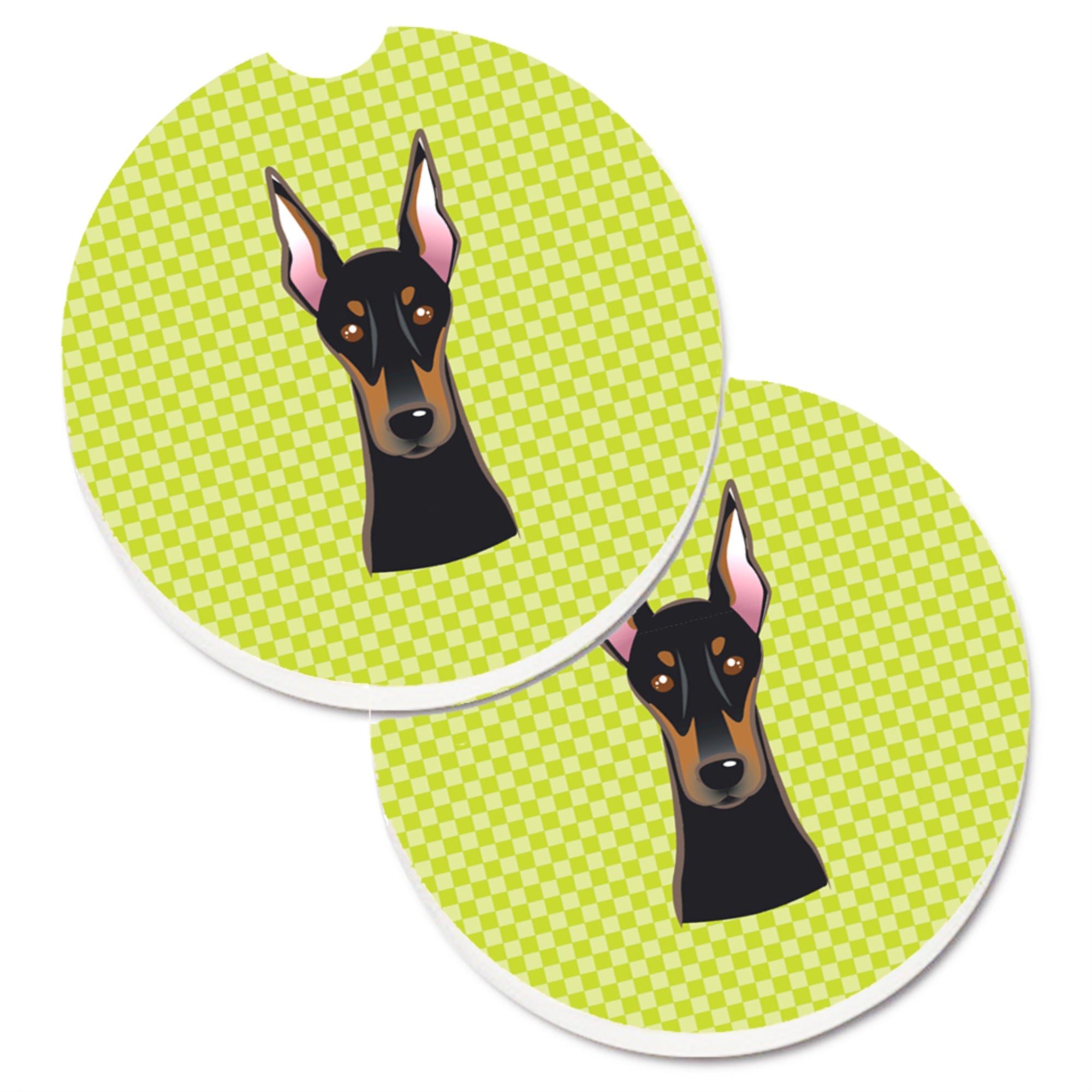 'Caroline'S Treasures Checkerboard Lime Green Doberman Set Of 2 Cup Holder Car Coasters Bb1307Carc, 2.56, Multicolor''