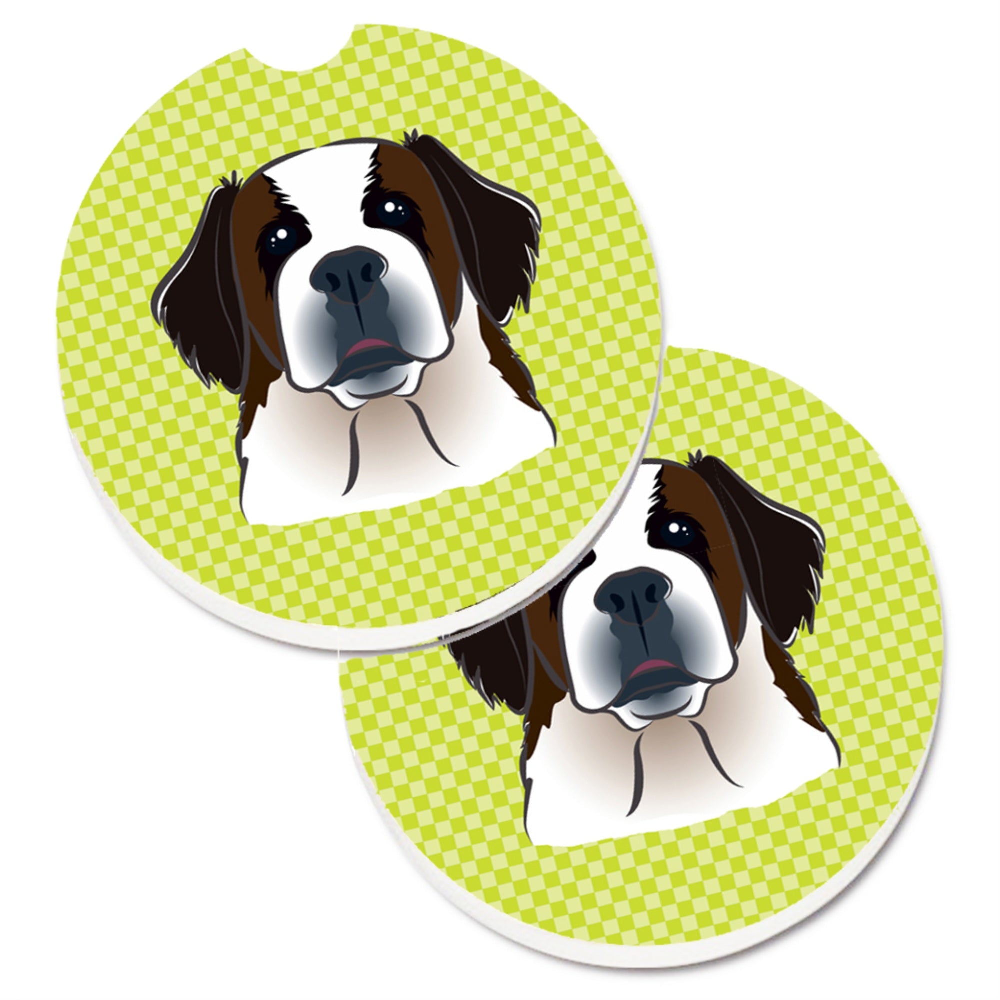 'Caroline'S Treasures Checkerboard Lime Green Saint Bernard Set Of 2 Cup Holder Car Coasters Bb1308Carc, 2.56, Multicolor''