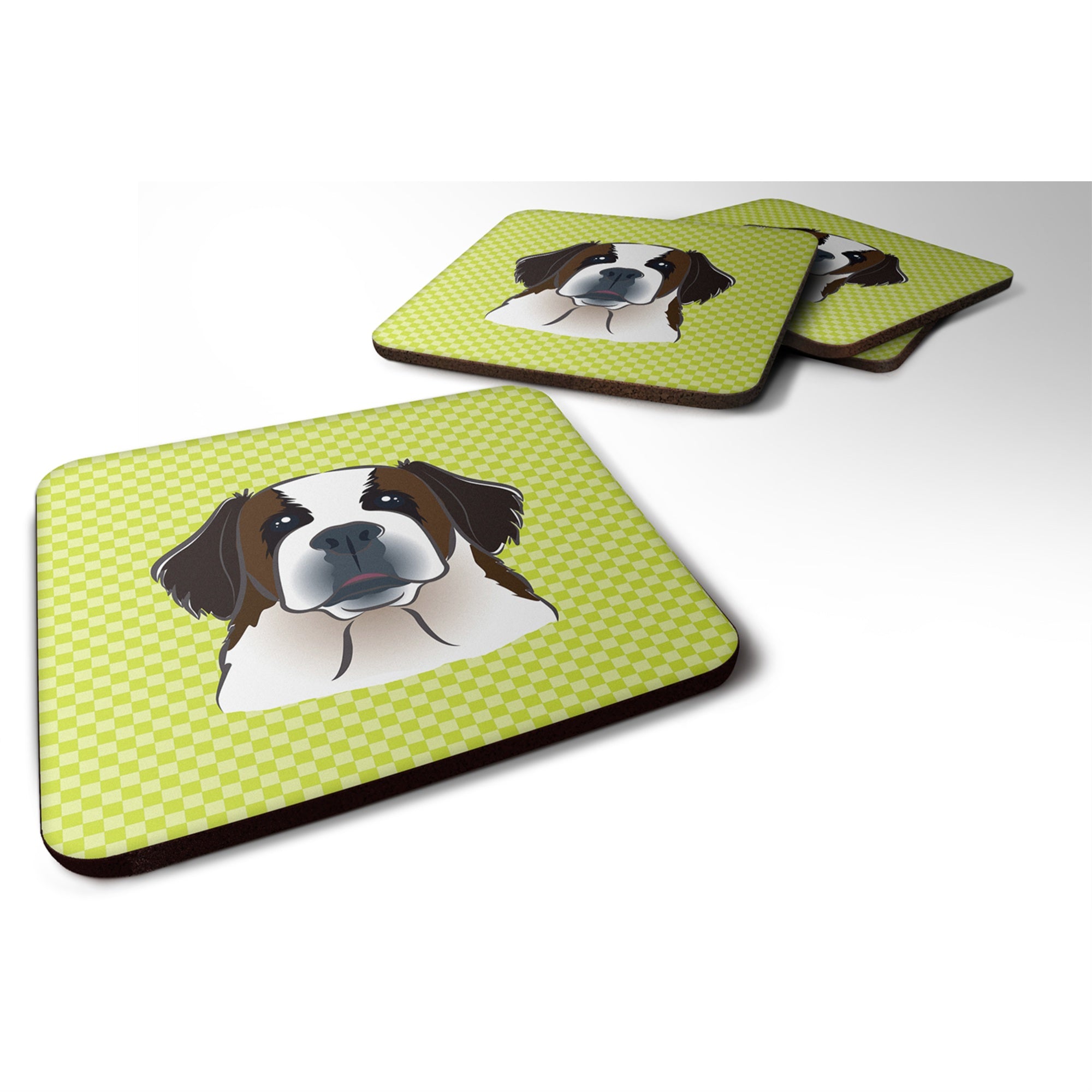 'Caroline'S Treasures Bb1308Fc Checkerboard Lime Green Saint Bernard Foam Coaster (Set Of 4), 3.5'''' H X 3.5'''' W, Multicolor