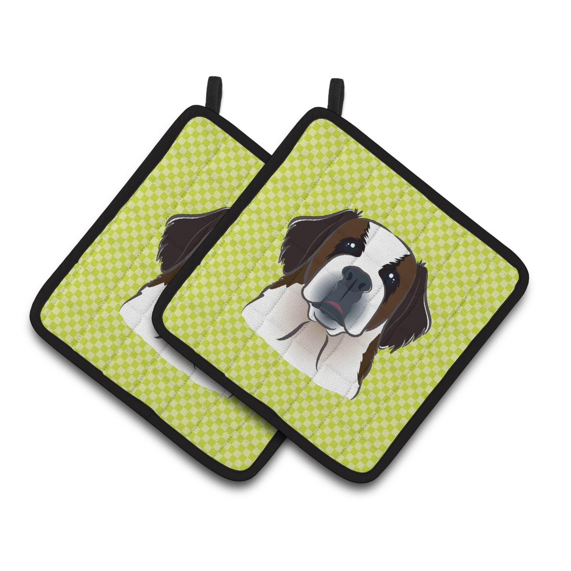 'Caroline'S Treasures Checkerboard Lime Green Saint Bernard Pair Of Pot Holders Bb1308Pthd, 7.5Hx7.5W, Multicolor''