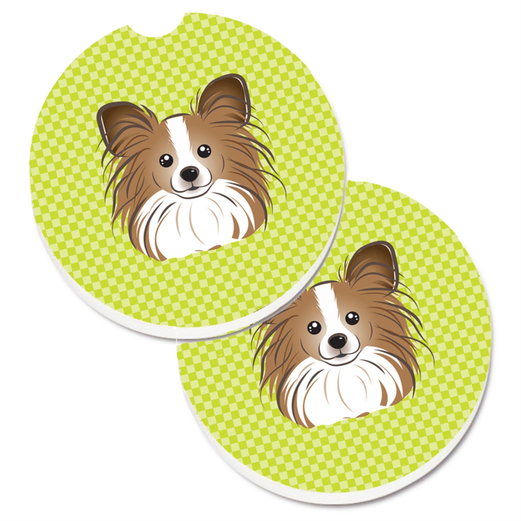 'Caroline'S Treasures Checkerboard Lime Green Papillon Set Of 2 Cup Holder Car Coasters Bb1310Carc, 2.56, Multicolor''