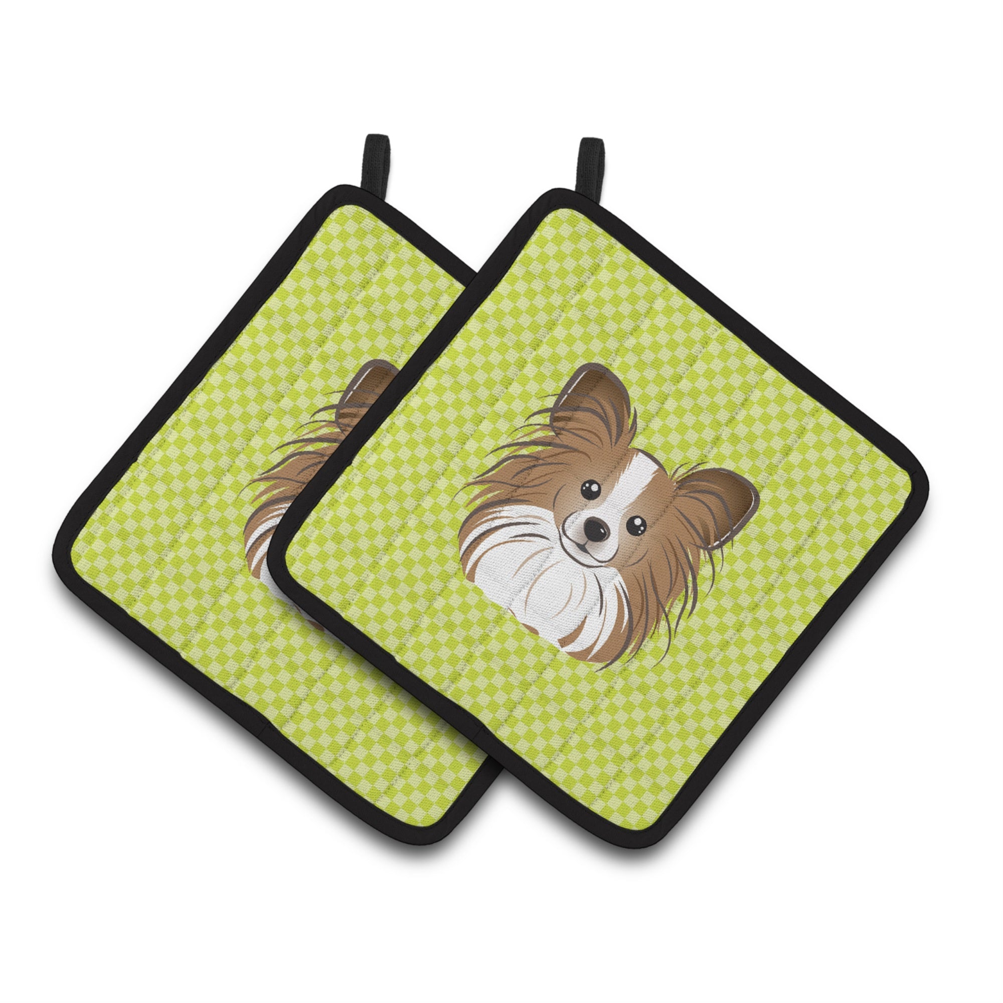 'Caroline'S Treasures Checkerboard Lime Green Papillon Pair Of Pot Holders Bb1310Pthd, 7.5Hx7.5W, Multicolor''