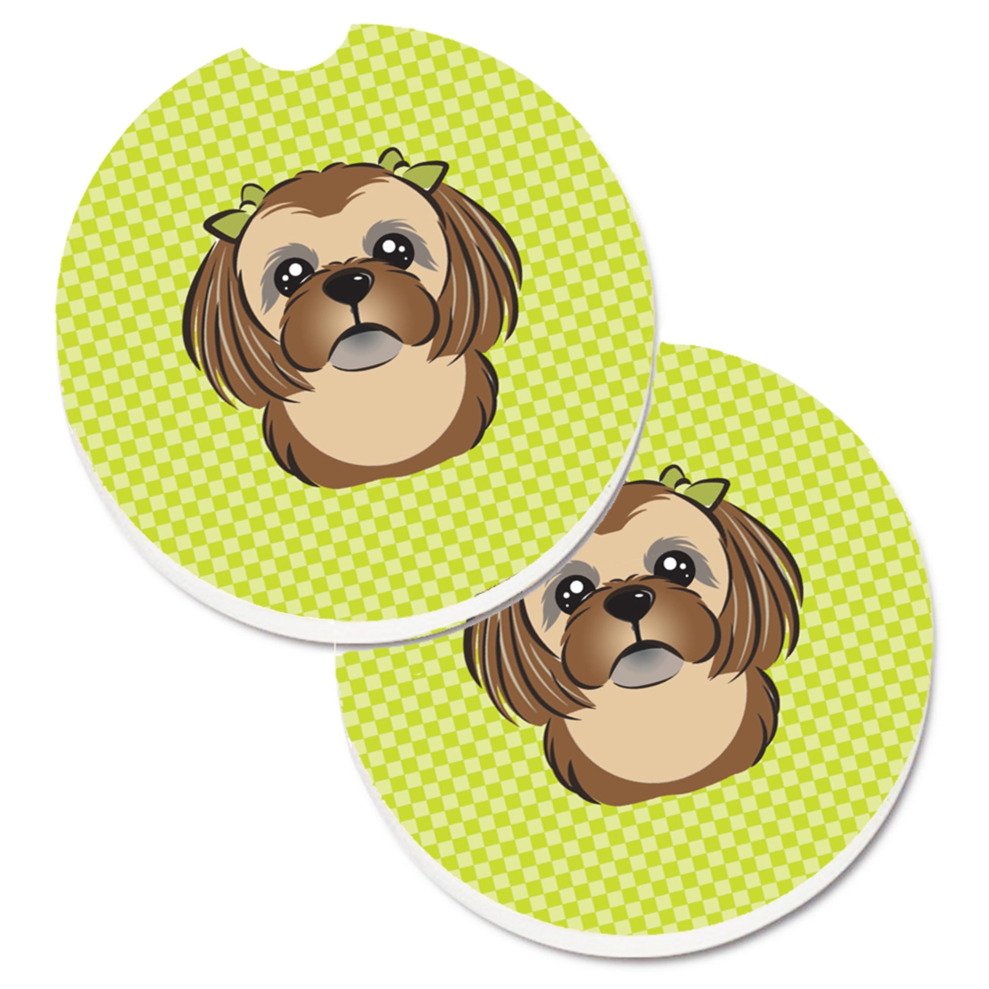 'Caroline'S Treasures Checkerboard Lime Green Chocolate Brown Shih Tzu Set Of 2 Cup Holder Car Coasters Bb1311Carc, 2.56, Multi