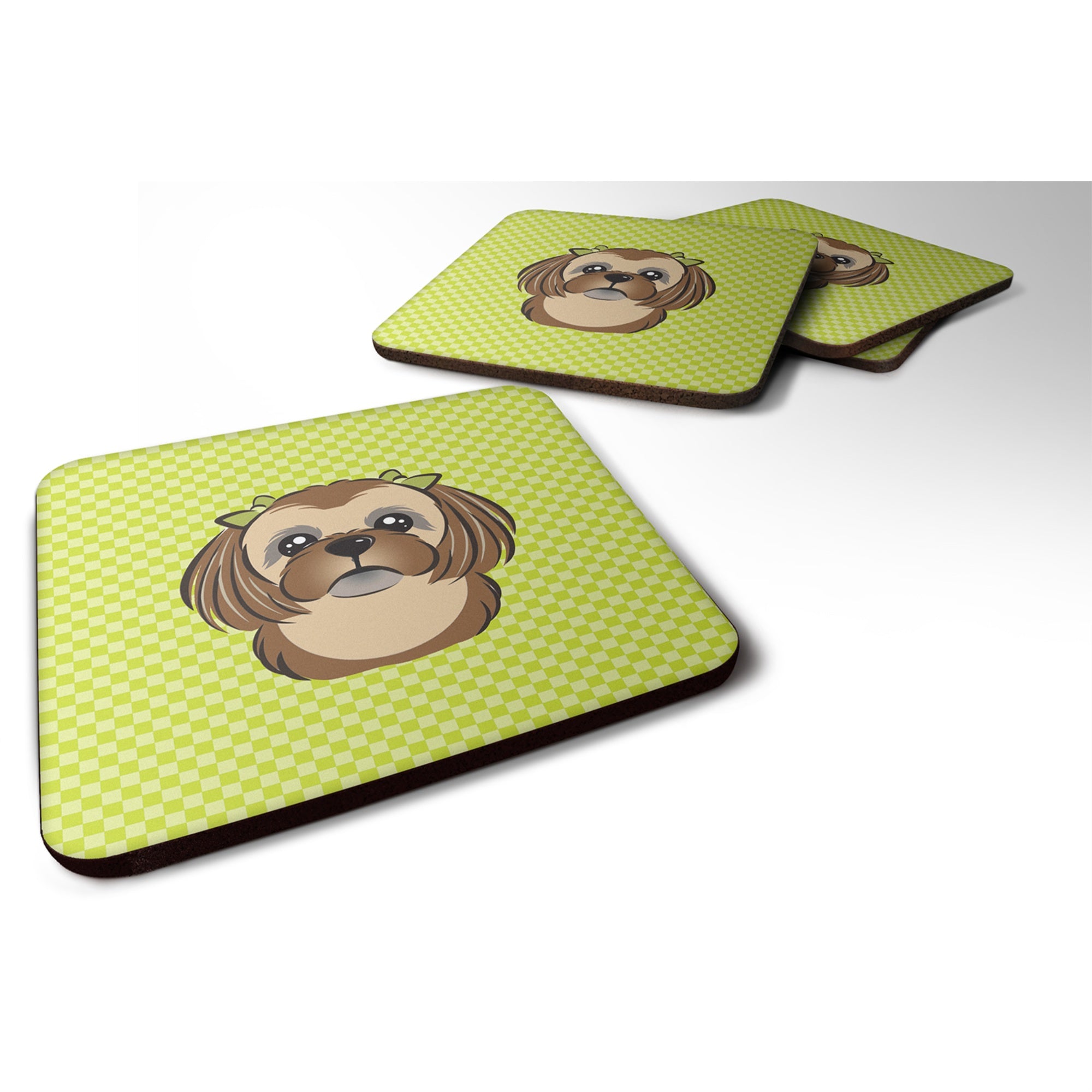 'Caroline'S Treasures Bb1311Fc Checkerboard Lime Green Chocolate Brown Shih Tzu Foam Coaster (Set Of 4), 3.5'''' H X 3.5'''' W,