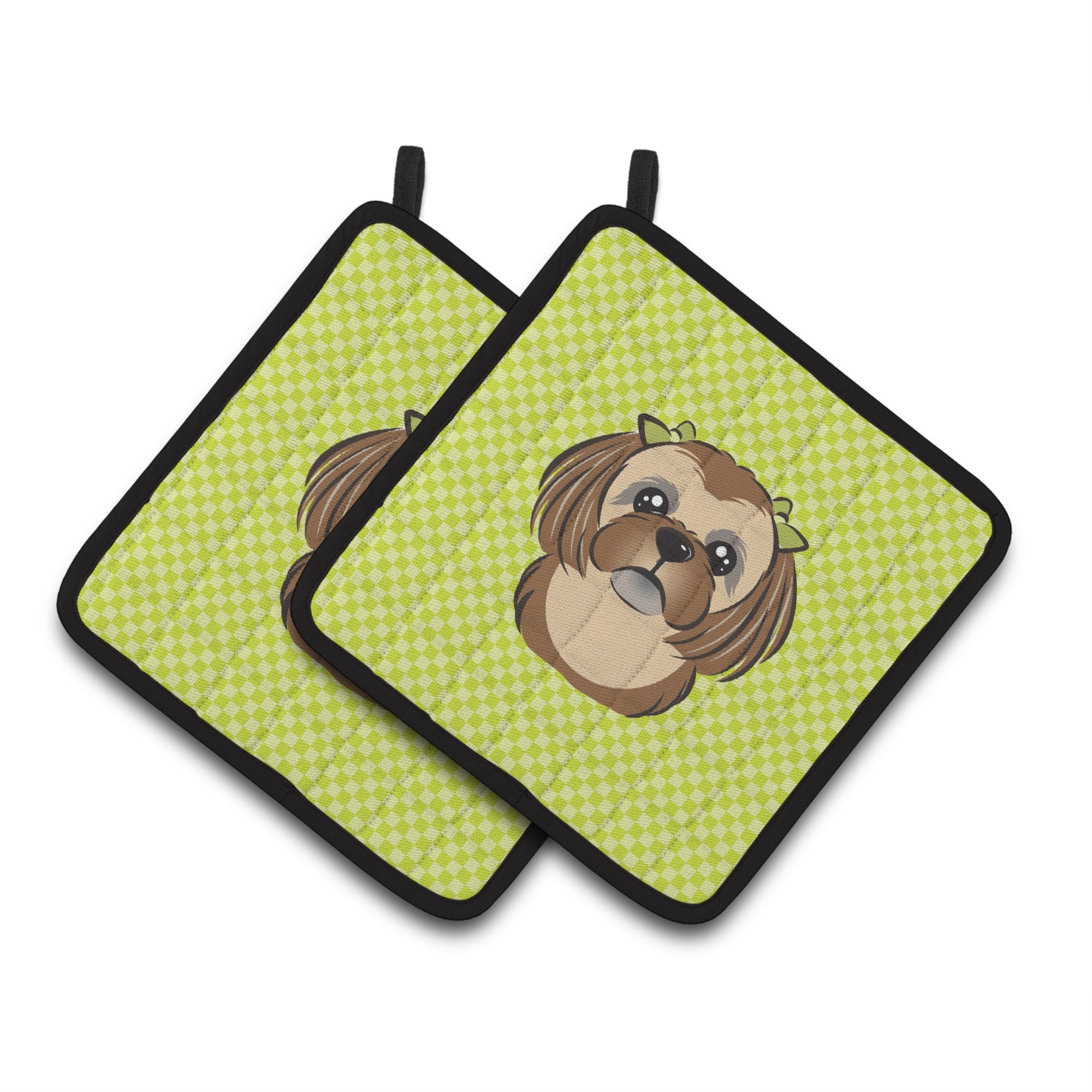 'Caroline'S Treasures Checkerboard Lime Green Chocolate Brown Shih Tzu Pair Of Pot Holders Bb1311Pthd, 7.5Hx7.5W, Multicolor''