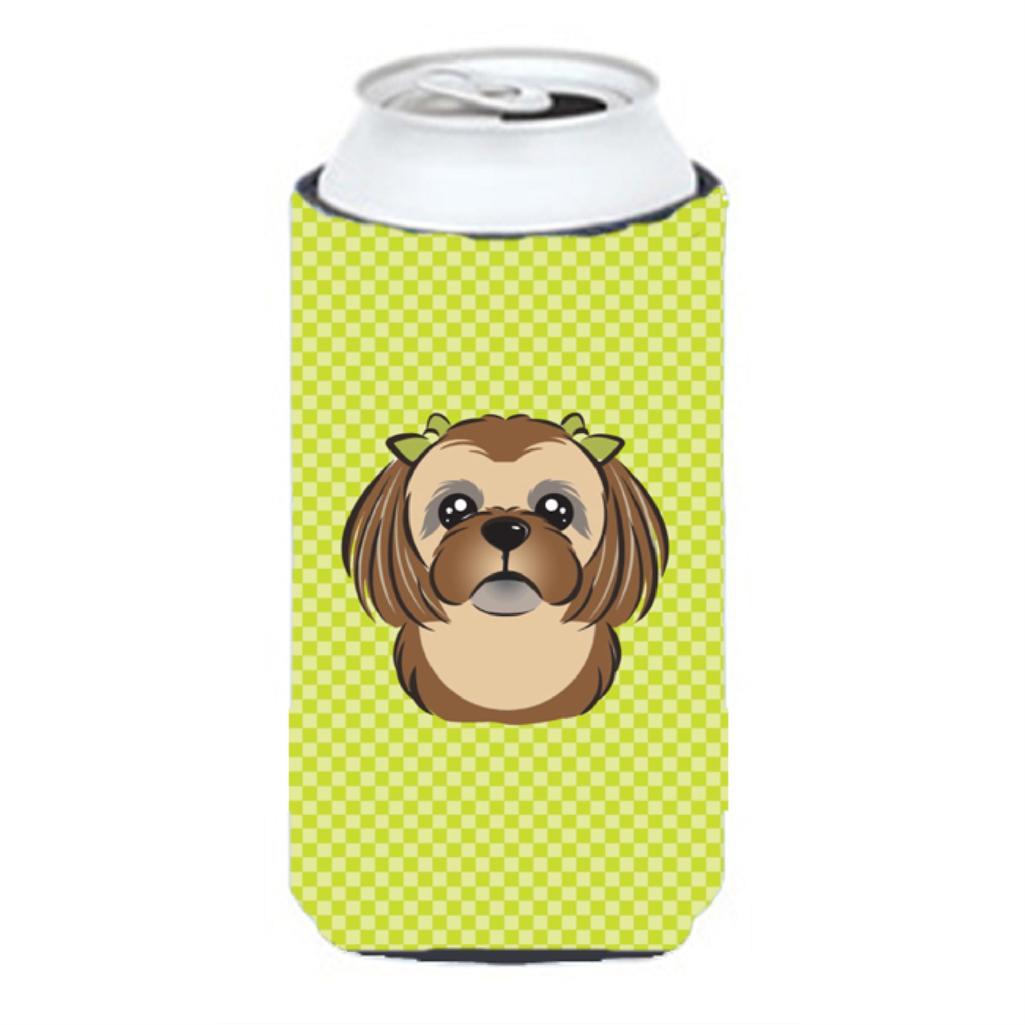 Checkerboard Lime Green Chocolate Brown Shih Tzu Tall Boy Beverage Insulator Hugger