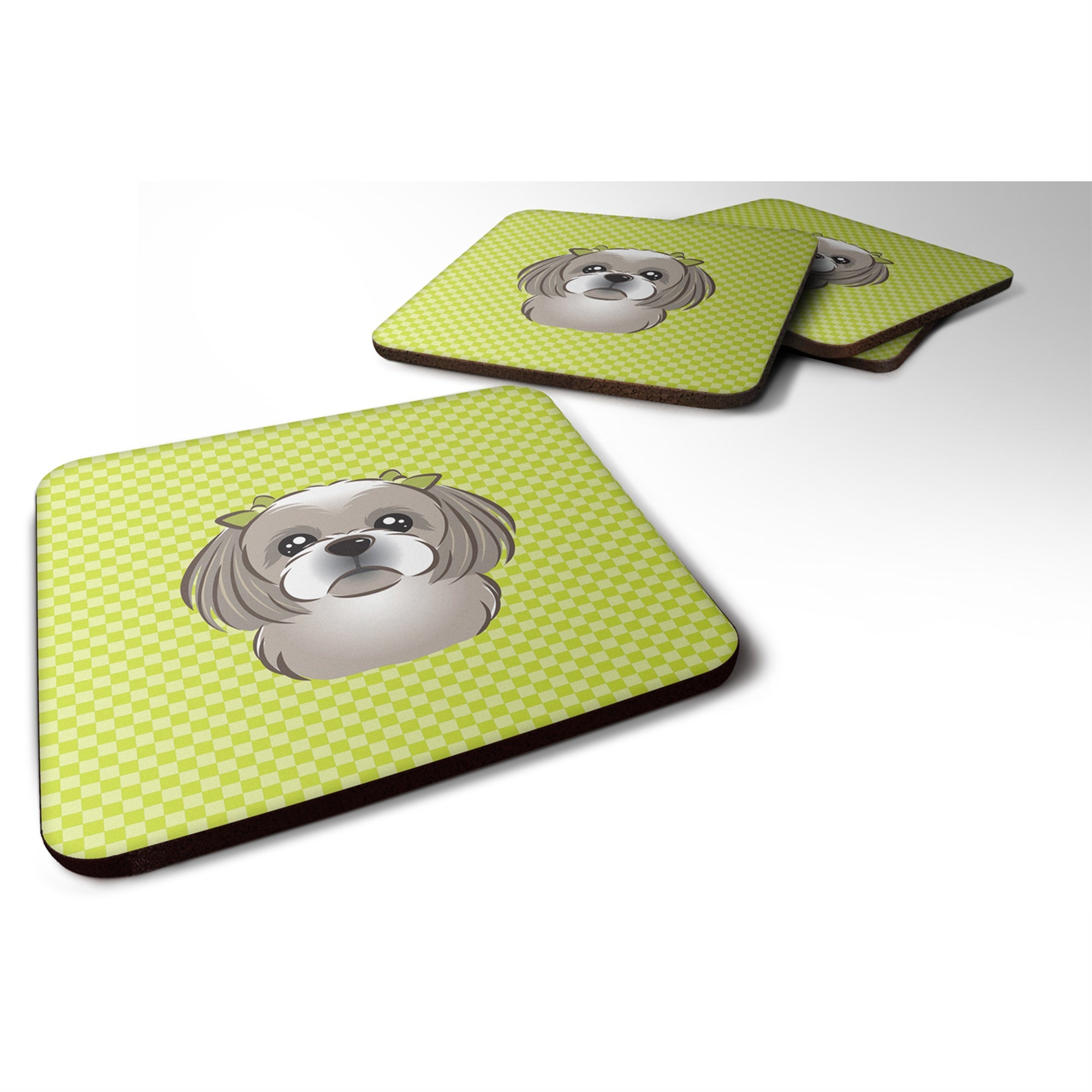 'Caroline'S Treasures Bb1312Fc Checkerboard Lime Green Gray Silver Shih Tzu Foam Coaster (Set Of 4), 3.5'''' H X 3.5'''' W, Mul