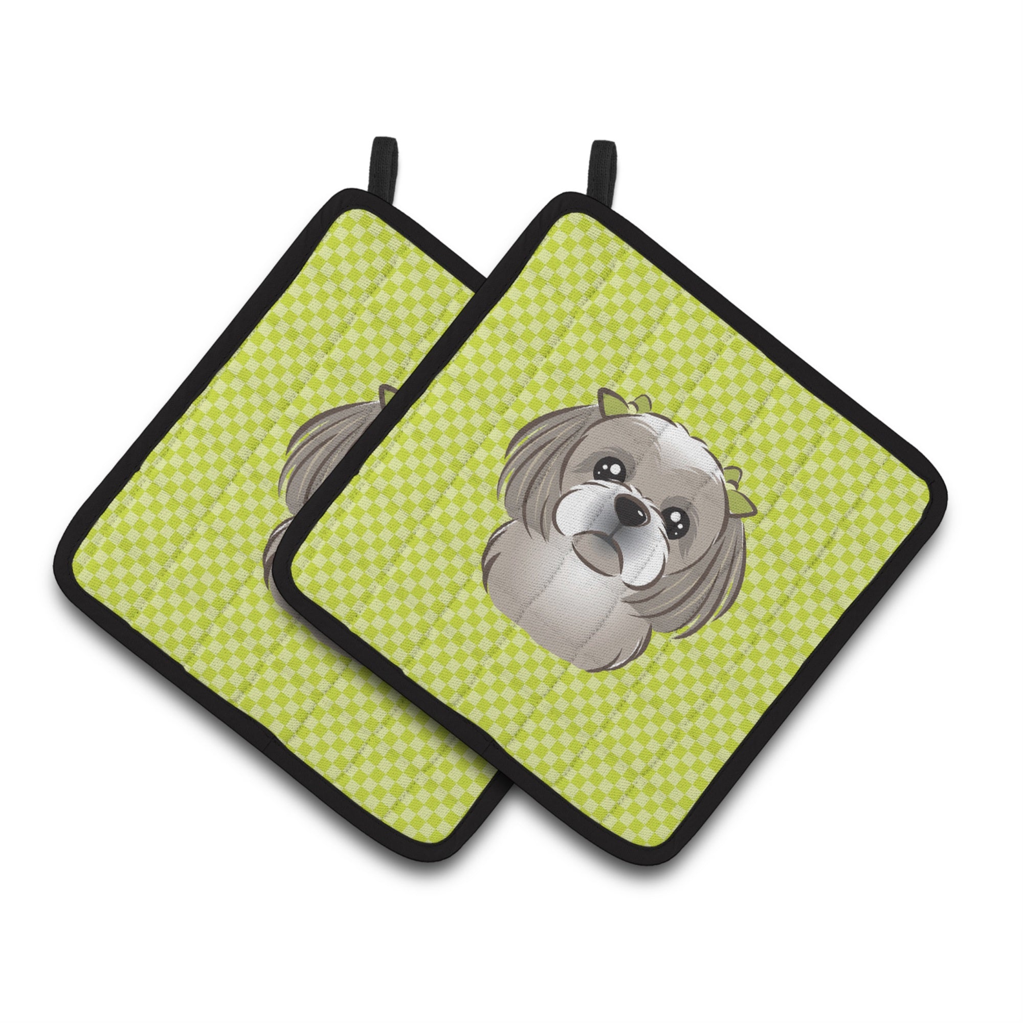'Caroline'S Treasures Checkerboard Lime Green Gray Silver Shih Tzu Pair Of Pot Holders Bb1312Pthd, 7.5Hx7.5W, Multicolor''