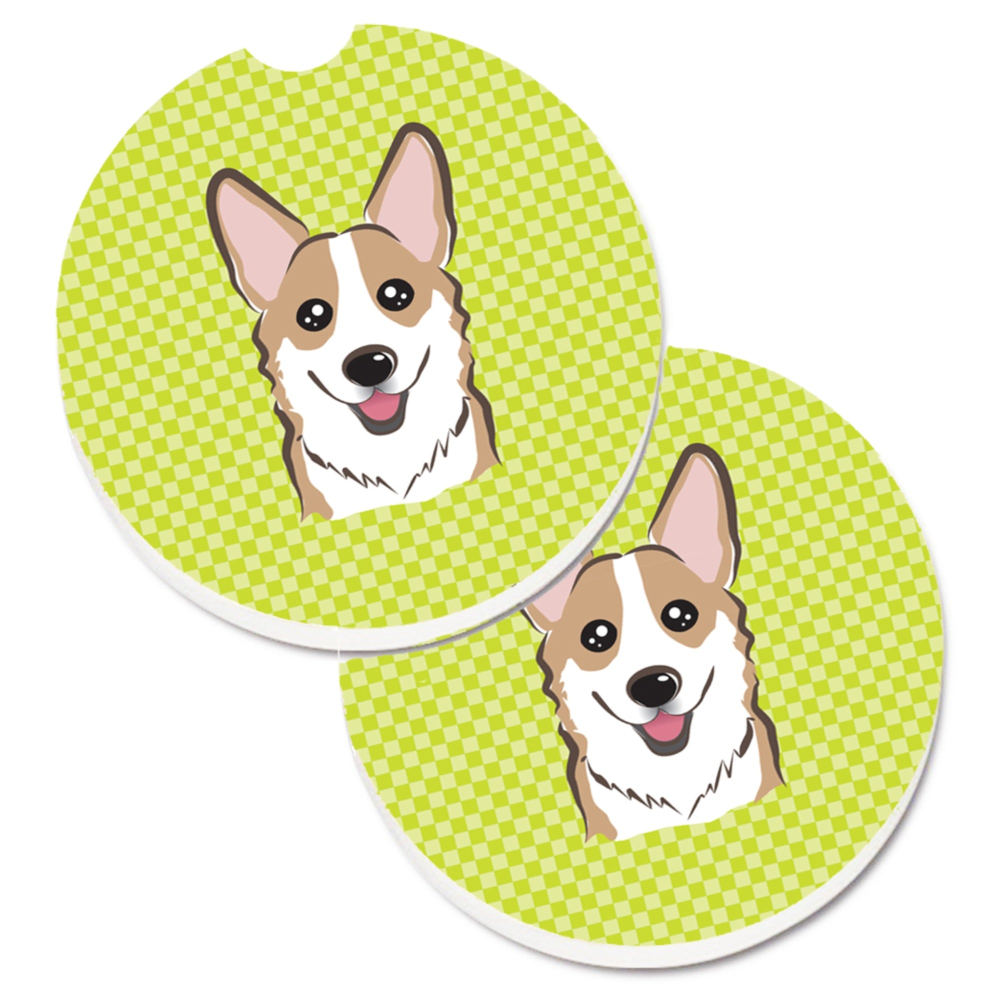 'Caroline'S Treasures Checkerboard Lime Green Corgi Set Of 2 Cup Holder Car Coasters Bb1315Carc, 2.56, Multicolor''