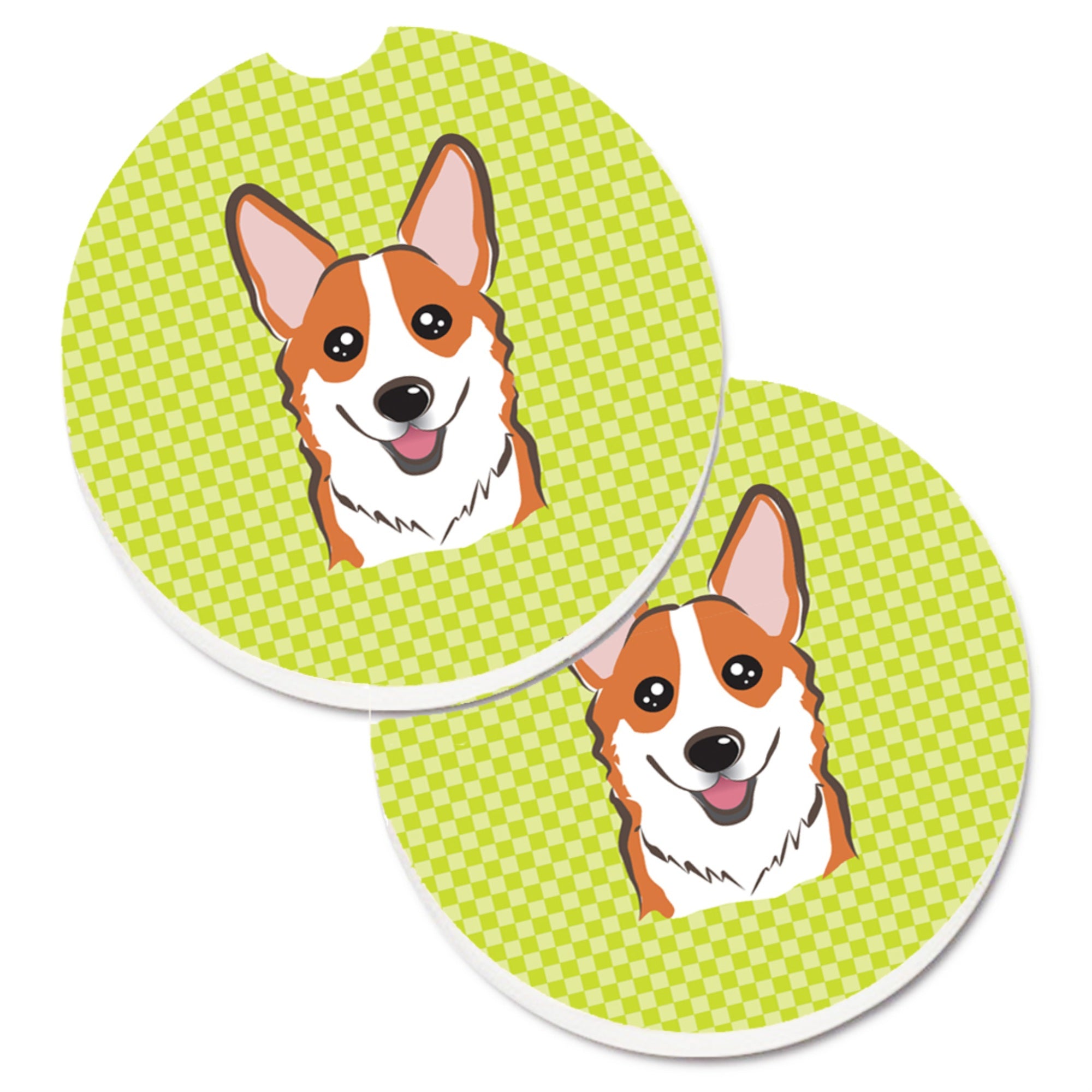 'Caroline'S Treasures Checkerboard Lime Green Corgi Set Of 2 Cup Holder Car Coasters Bb1316Carc, 2.56, Multicolor''