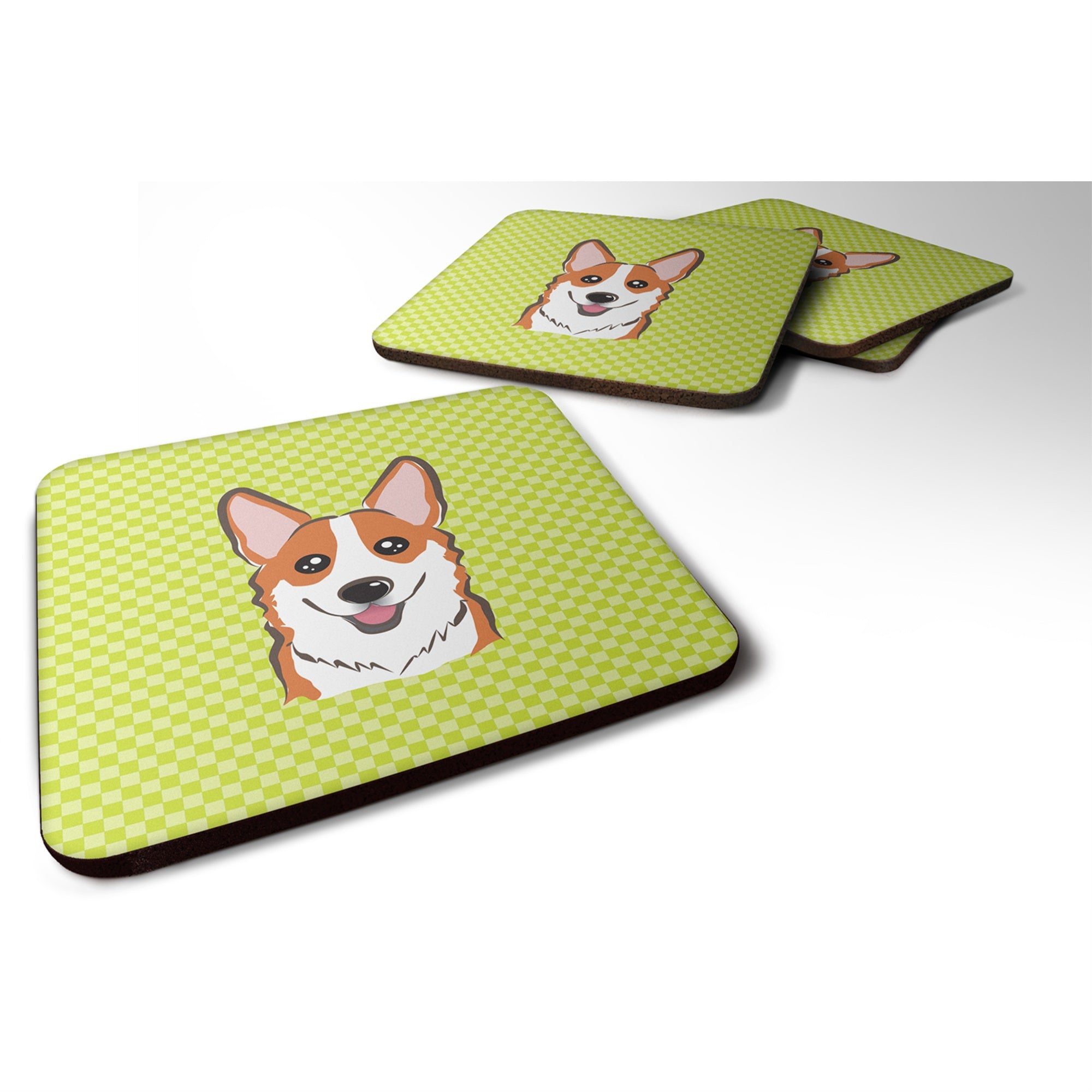 'Caroline'S Treasures Bb1316Fc Checkerboard Lime Green Corgi Foam Coaster (Set Of 4), 3.5'''' H X 3.5'''' W, Multicolor''