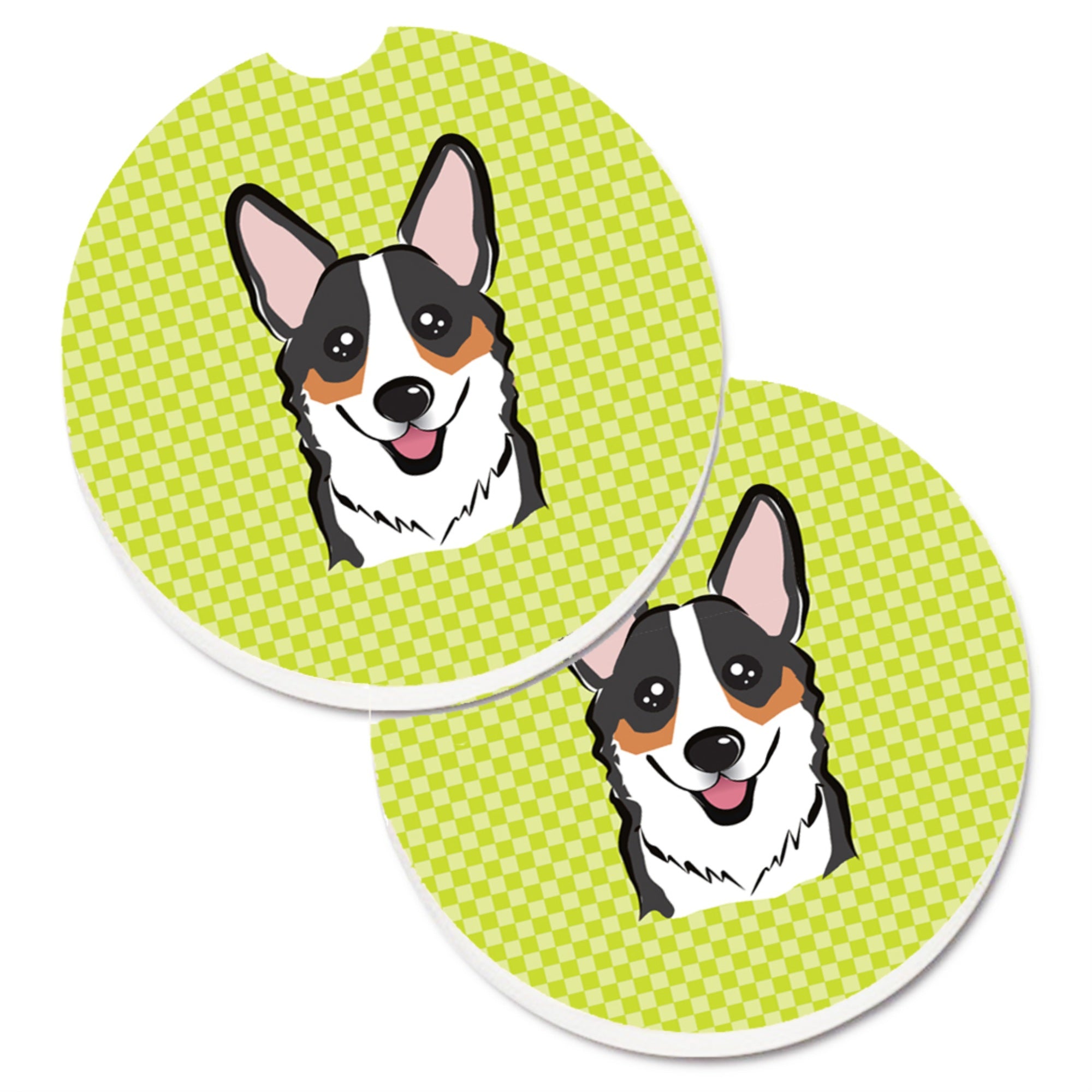 'Caroline'S Treasures Checkerboard Lime Green Corgi Set Of 2 Cup Holder Car Coasters Bb1317Carc, 2.56, Multicolor''
