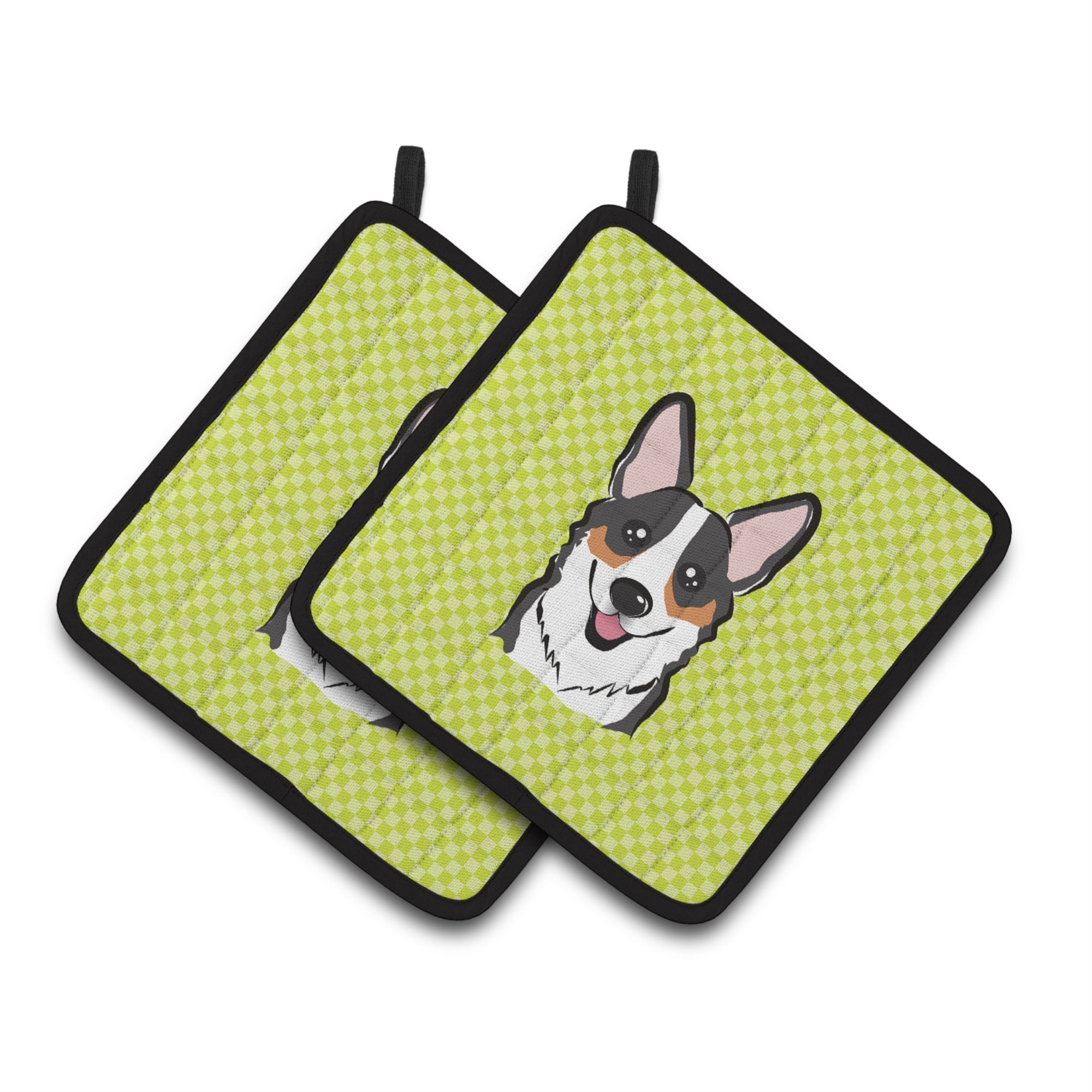 'Caroline'S Treasures Checkerboard Lime Green Corgi Pair Of Pot Holders Bb1317Pthd, 7.5Hx7.5W, Multicolor''