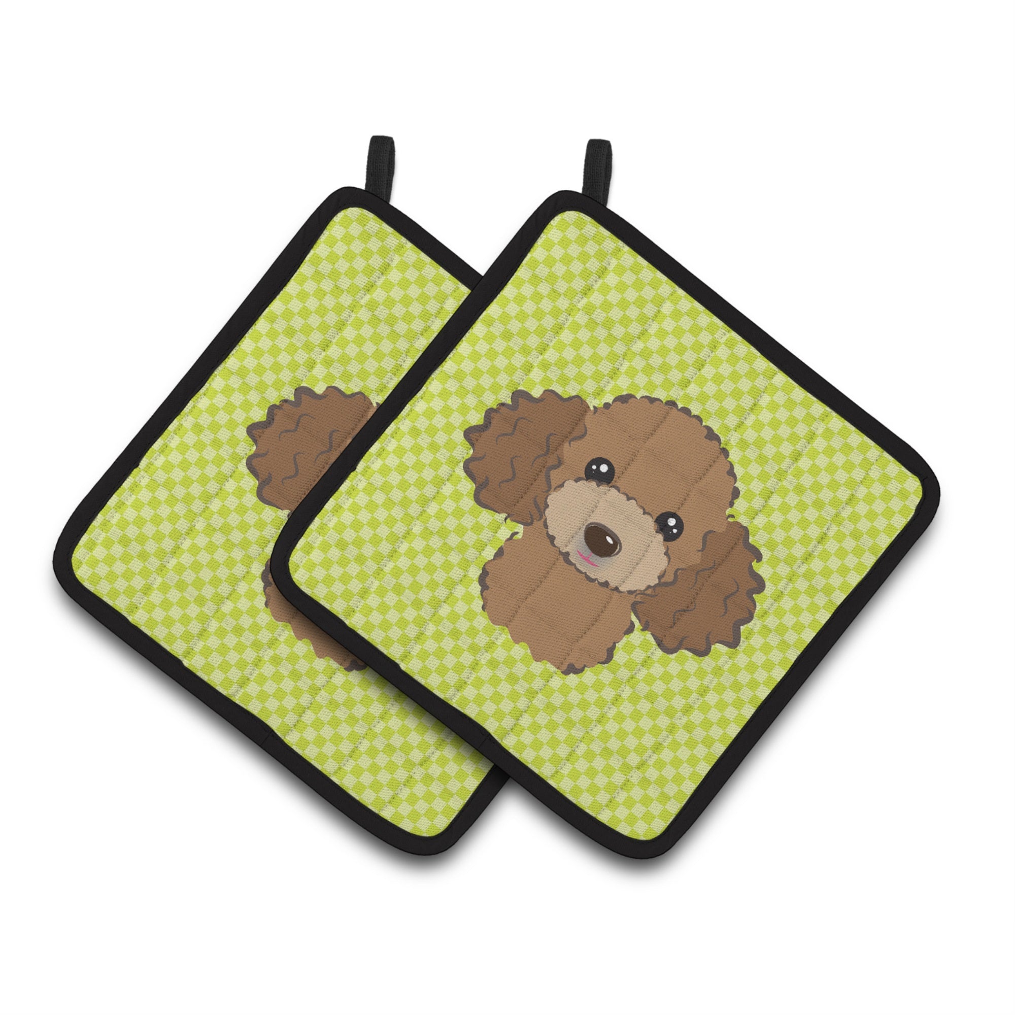 'Caroline'S Treasures Checkerboard Lime Green Chocolate Brown Poodle Pair Of Pot Holders Bb1318Pthd, 7.5Hx7.5W, Multicolor''